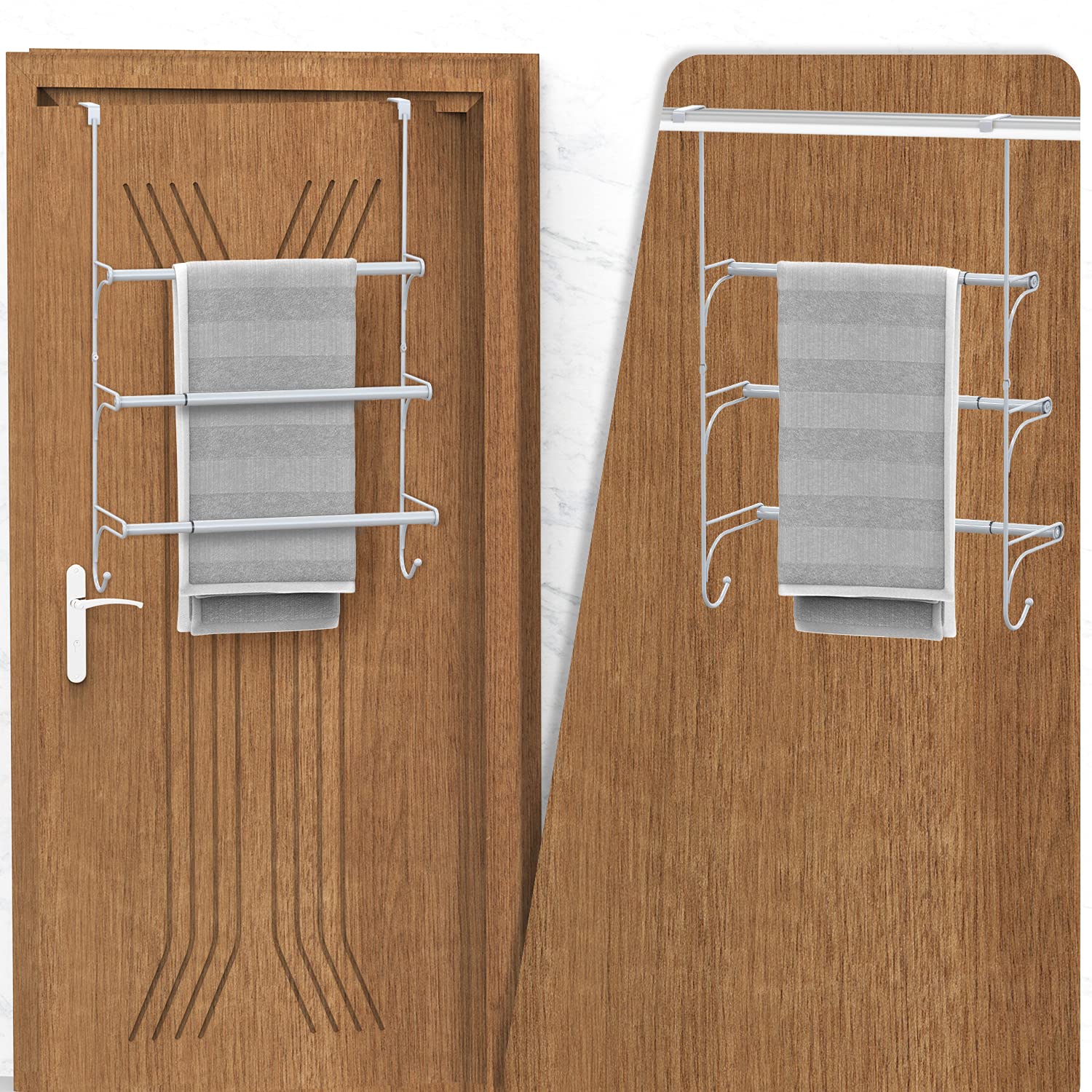 Auledio Adjustable Over The Door Triple Towel Rack With Hooks,Silver