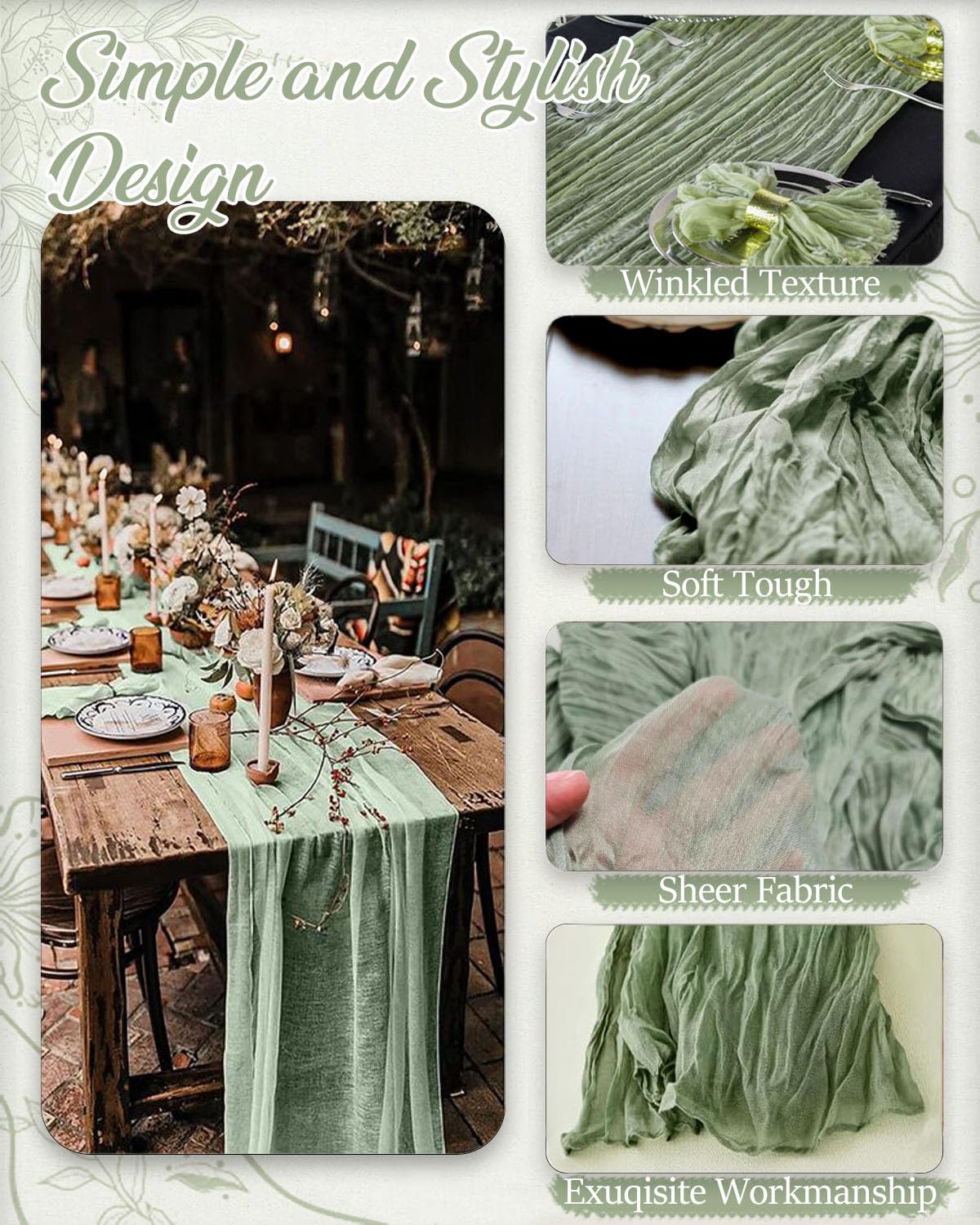 Fusenyuan Sage Cheesecloth Table Runner 10Ft 5Pcs For Boho Wedding Farmhouse Party Rustic Gauze Table Runner 120'' X 35'' For Br