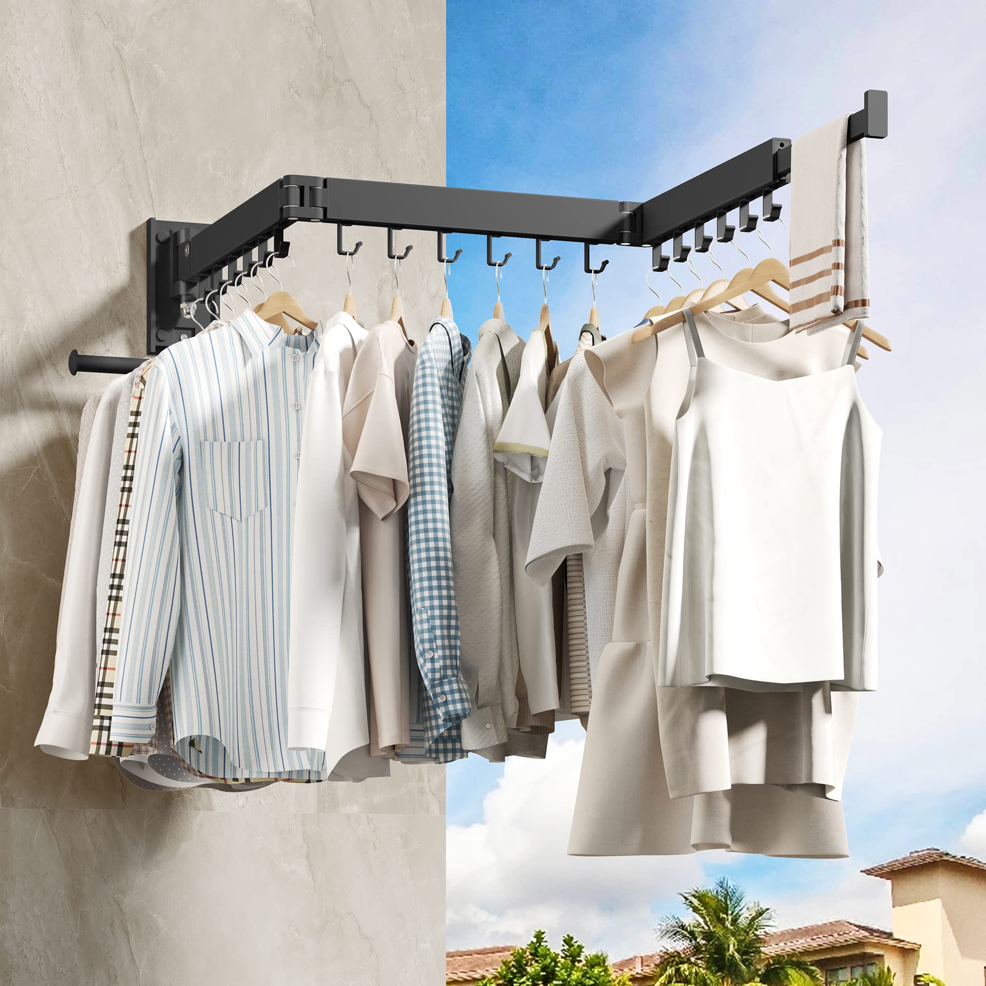 HEILAIYI Wall Mounted Clothes Hanger Clothes Drying Rack Laundry Drying Rack Clothes Rack Wall Mount Drying Rack Clothing Laundry Rack Folding Retractable Collapsible can Fold Upward & Left & Right