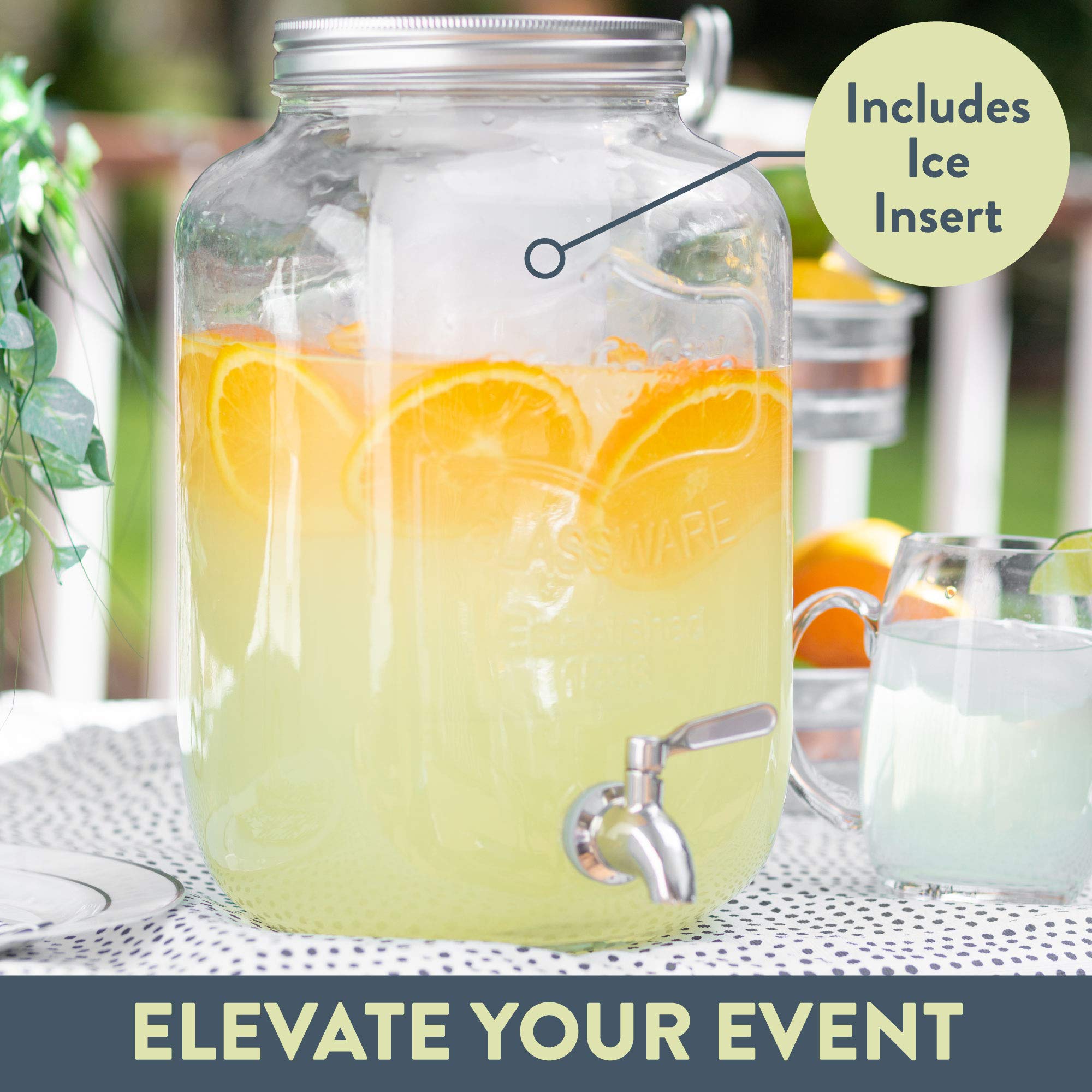 Crutello Outdoor Glass Beverage Dispenser With Stainless Steel Spigot & Ice Cylinder - 2 Gallon Drink Dispenser For Tea, Lemonad