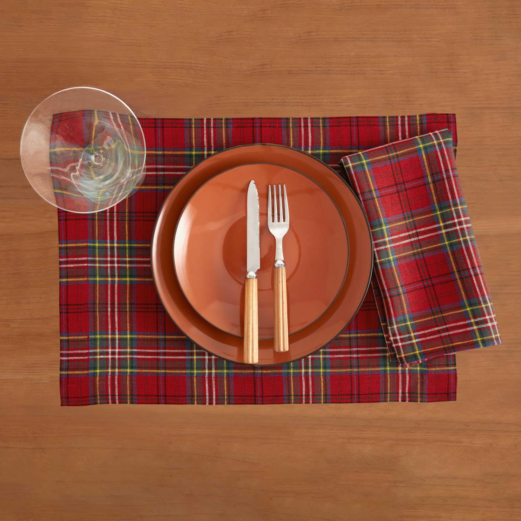 Solino Home Placemats Set Of 4-100% Pure Linen Red Classic Tartan Plaid Cloth Placemats 19'' L X 14'' W Inch - Handcrafted And M
