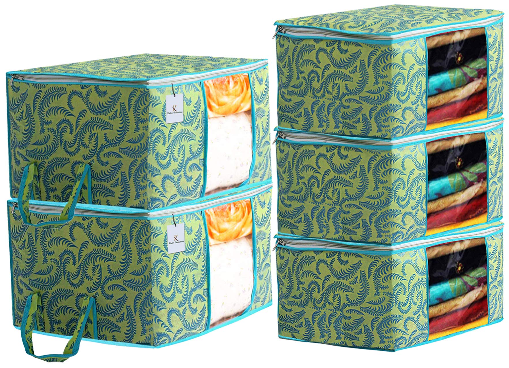 Kuber Industries Metallic Printed Non Woven 3 Pieces Saree Cover And 2 Pieces Underbed Storage Bag, Cloth Organizer For Storage,