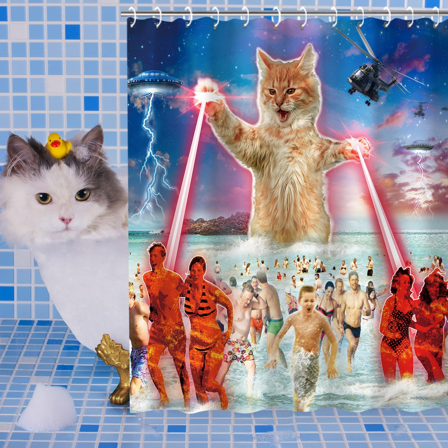 Rosielily Funny Shower Curtain, Kids Shower Curtain, Cat Shower Curtain, Beach Shower Curtains Set With 12 Hooks, Cool Bathroom