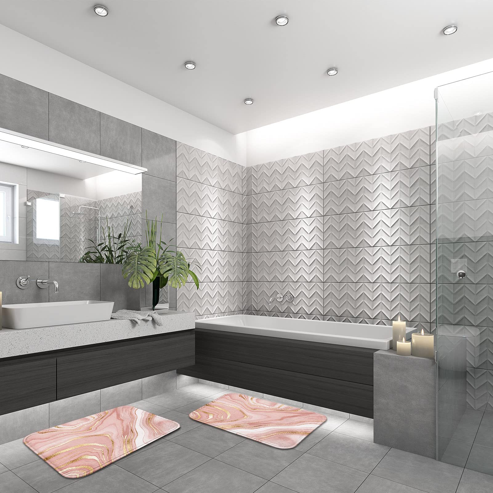 Britimes Marble Pink Bathroom Rug Set Of 2, Washable Cover Floor Rug Carpets Floor Bath Mat Bathroom Decorations 16X24 And 20X32