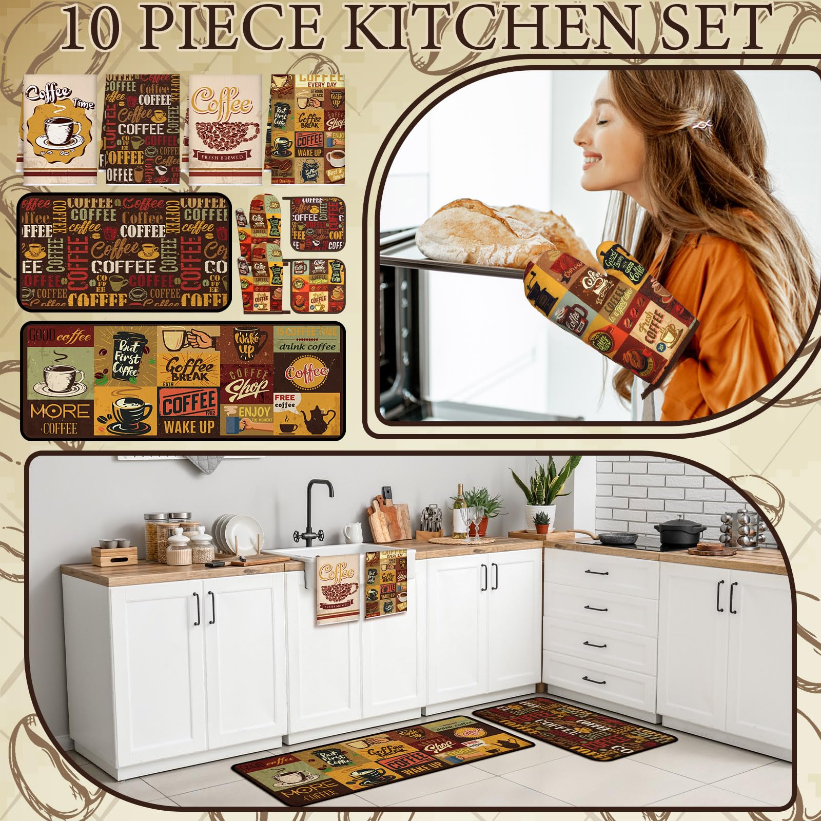 Fourluoo 10 Pcs Coffee Kitchen Decor and Accessories Coffee Oven Mitts and Pot Holders Set Dish Towels Farmhouse Kitchen Decor R