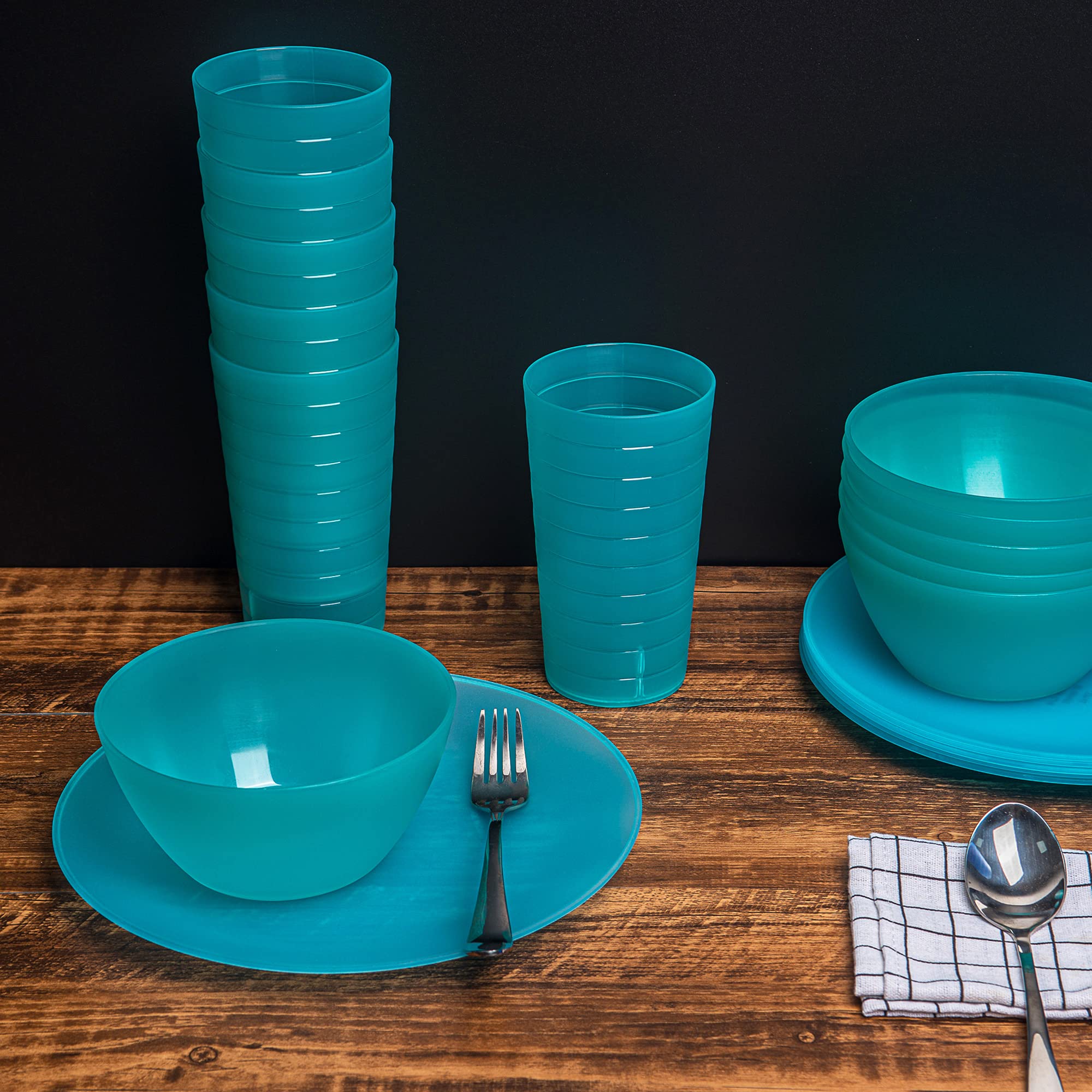 Plastic Dinnerware Set, Unbreakable And Reusable Plastic Plate, Bowl And Tumbler | Set Of 18 Teal