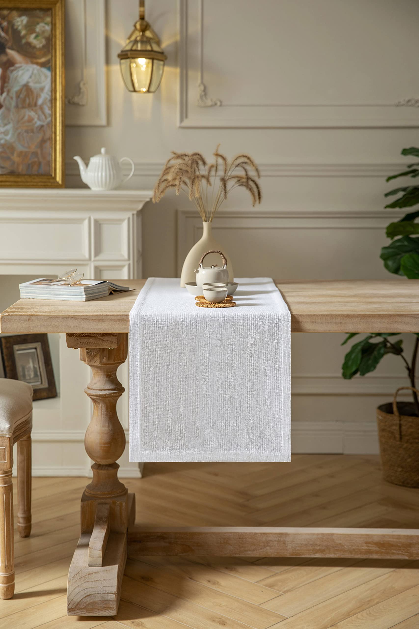 Zeemart Burlap Style Farmhouse Table Runners 36 Inches Long, White Rustic Woven Dining Table Runner For Everyday Use, 14X36 Inch