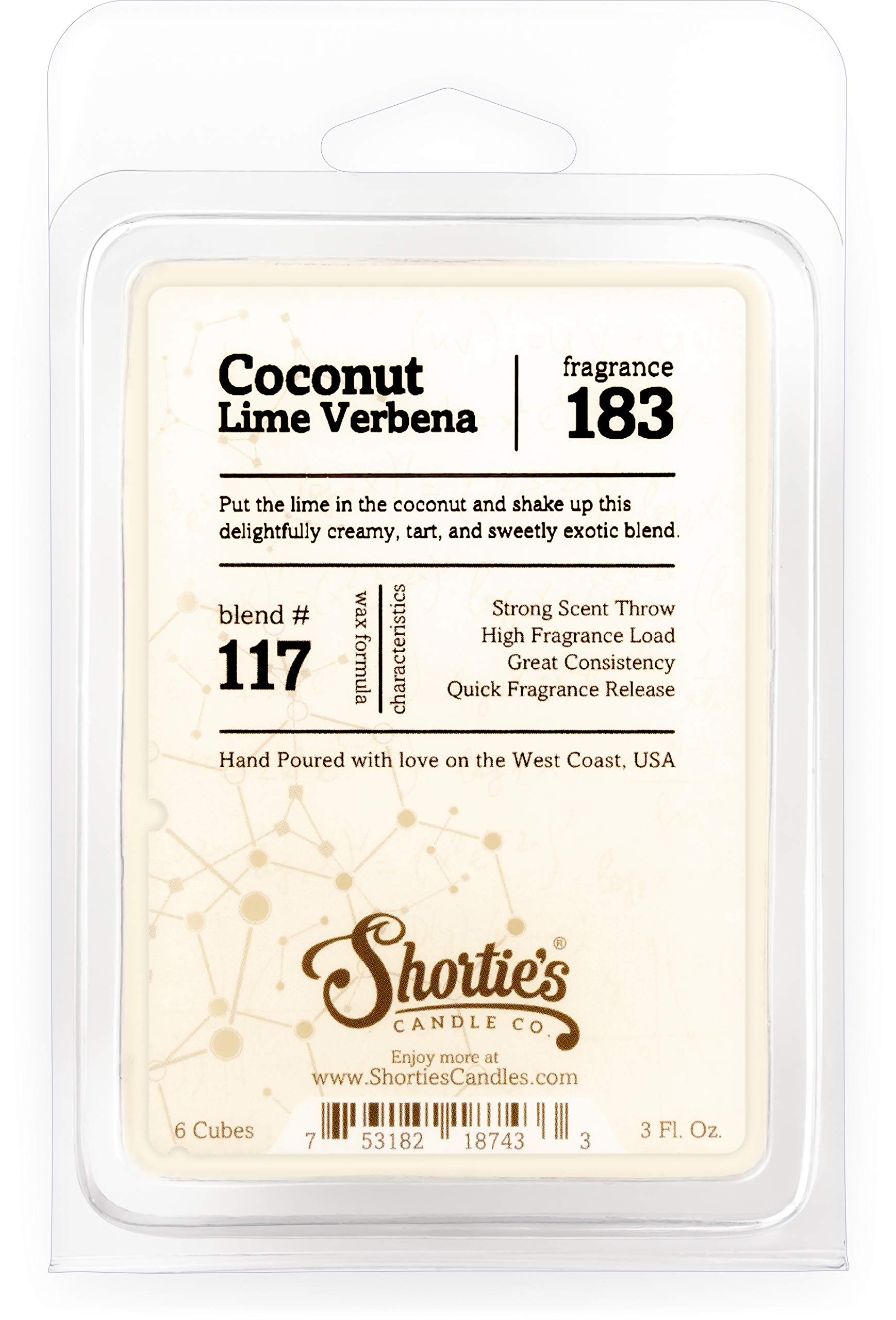 Shortie's Candle Company Coconut Lime Verbena Wax Melts - Formula 117-1 Highly Scented 3 Oz. Bar - Made with Natural Oils - Frui