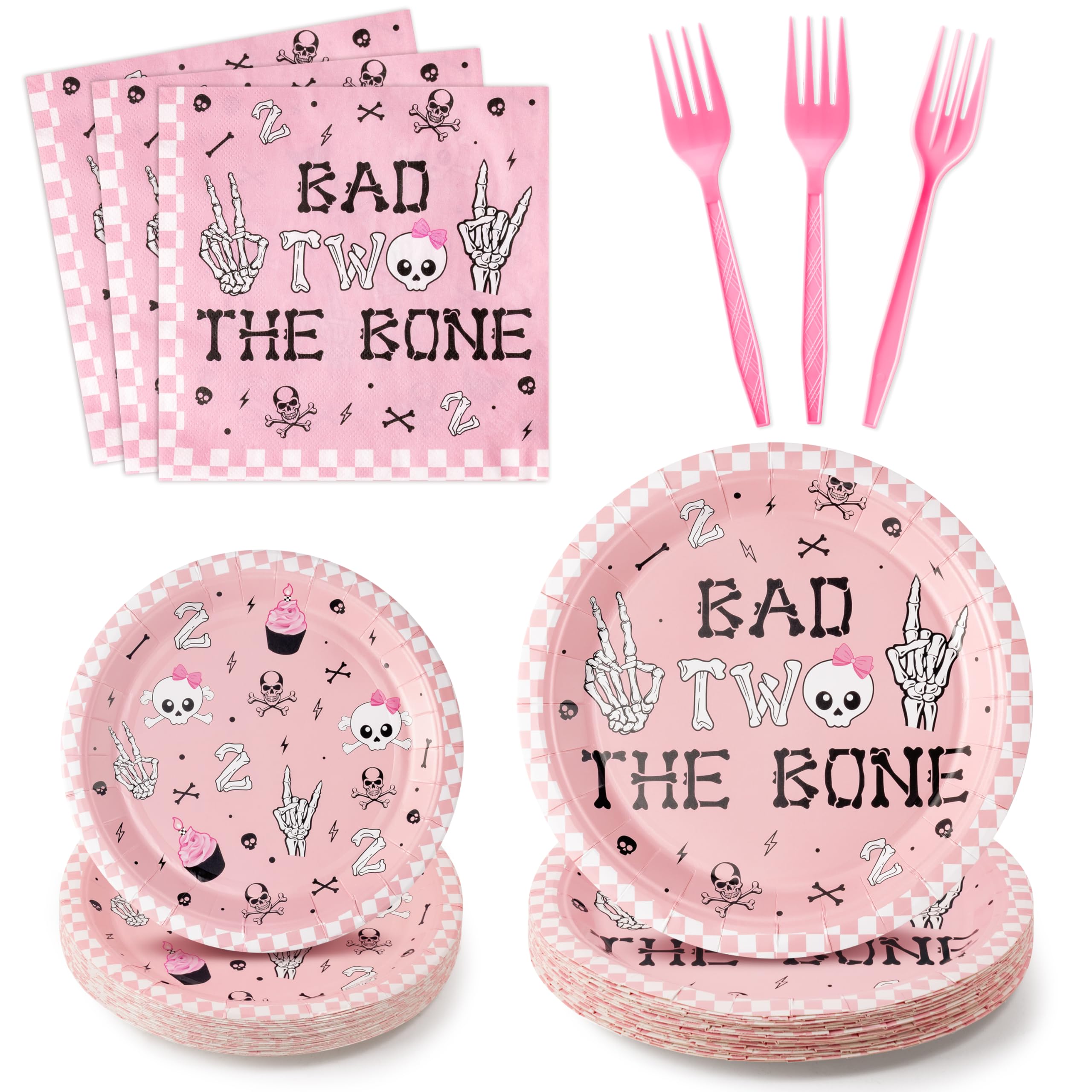 K1tpde 96PCS Bad Two The Bone Party Tableware Set Included Paper Plates Napkins and Forks, Music Themed Rock and Roll 2nd Birthd