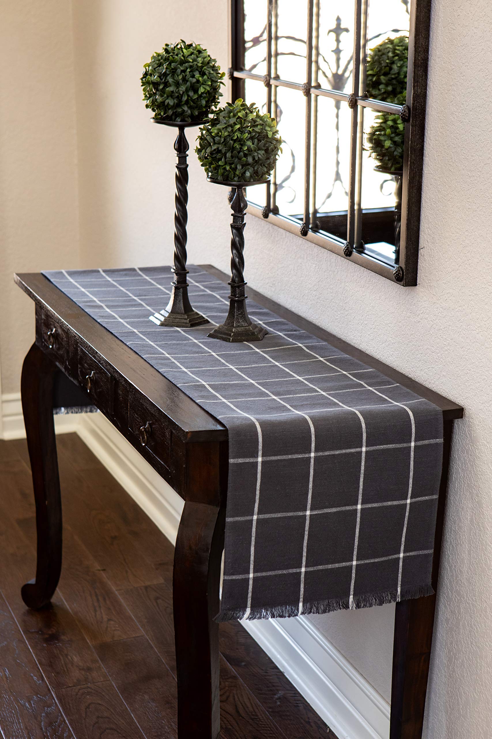 Sticky Toffee Table Runner Cotton Farmhouse Plaid 14 in x 72 in  Table D?cor for Kitchen or Dining  Gray Cloth Woven Table Runners  Oeko-Tex Cotton