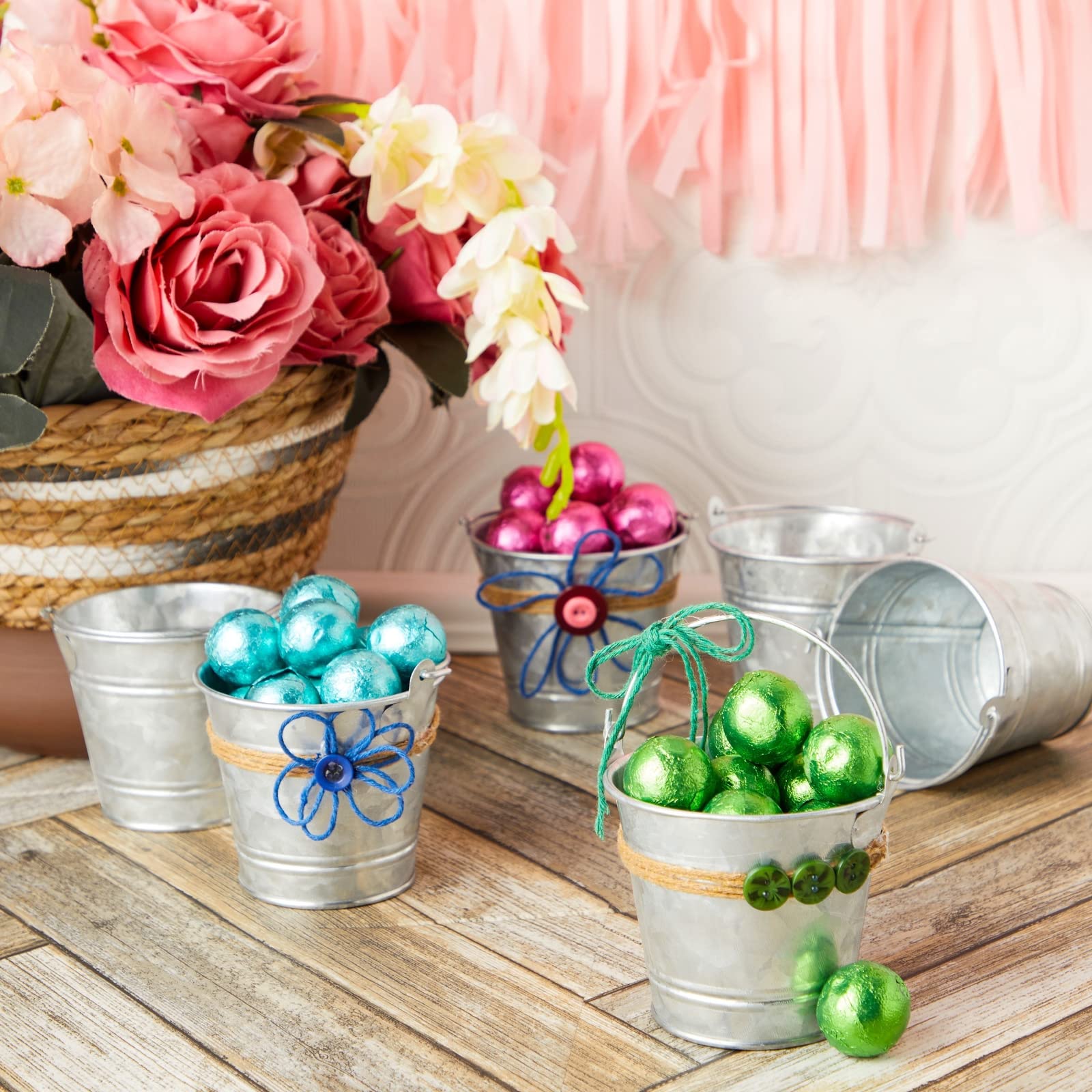 Juvale 6 Pack Small Galvanized Metal Buckets With Handles, Mini Tin Pails For Party Favors, Succulents, Rustic Home Decor (3 In)