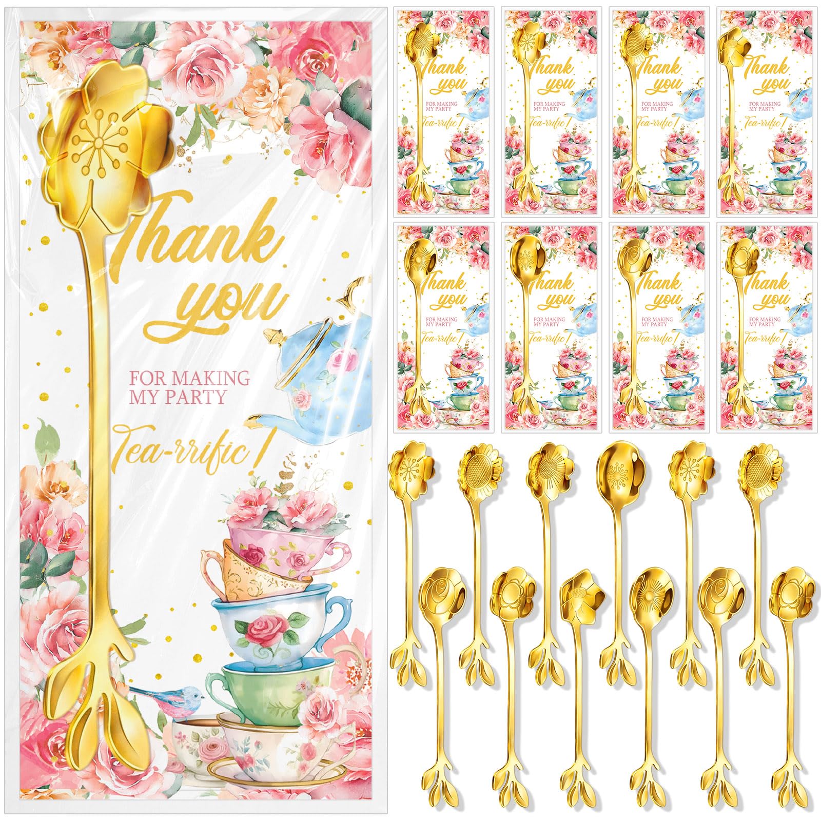 Yiyiring 24 Set Tea Spoon Party Favors Gold Tea Spoons Bulk 8 Style Flower Teaspoons with Thank You Cards Gift Bags Stainless St