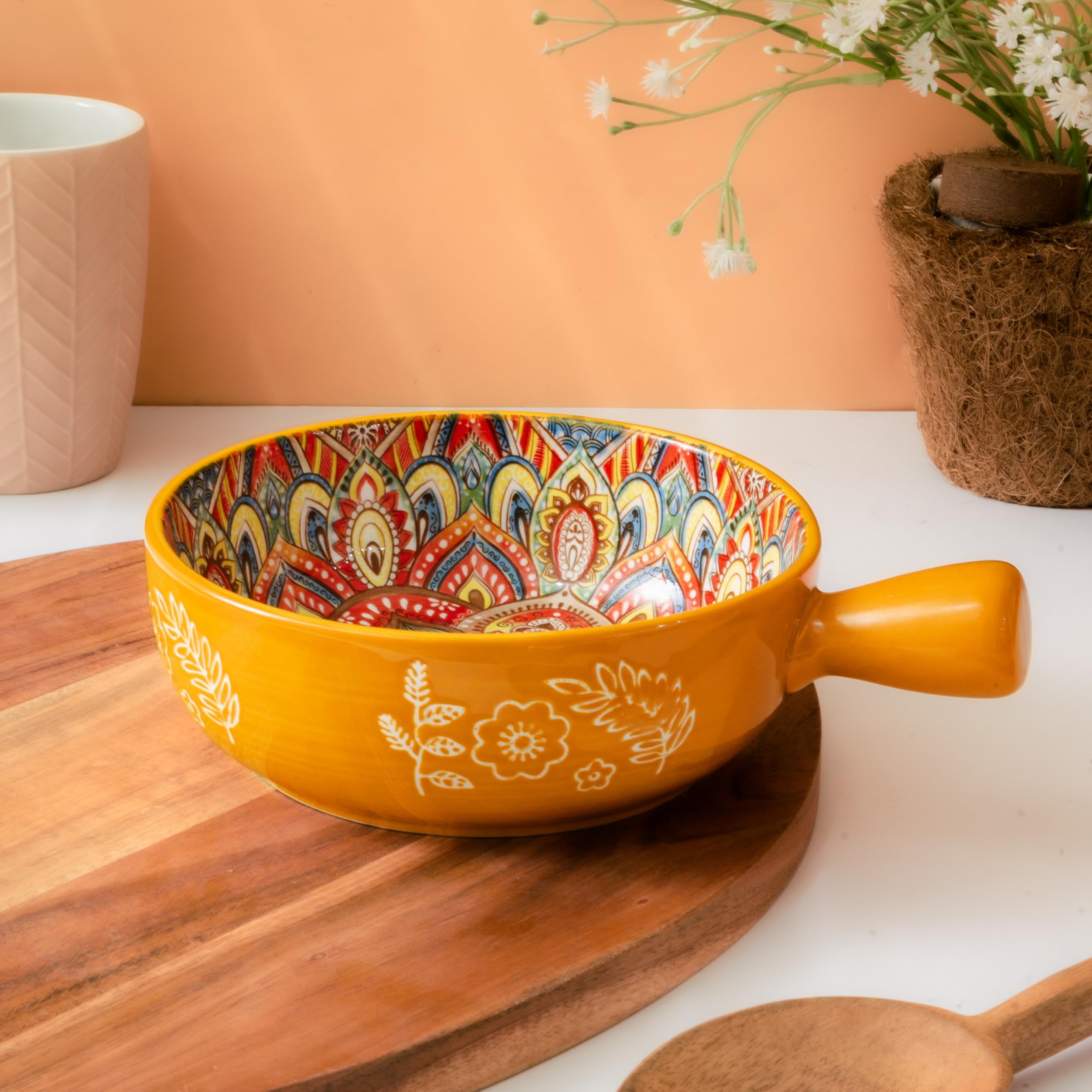 Femora Ceramic Snack Bowl With Handle | Serving Bowl With Handle | Microwave & Dishwasher Safe Big Bowls Perfect For Snacks, Noo