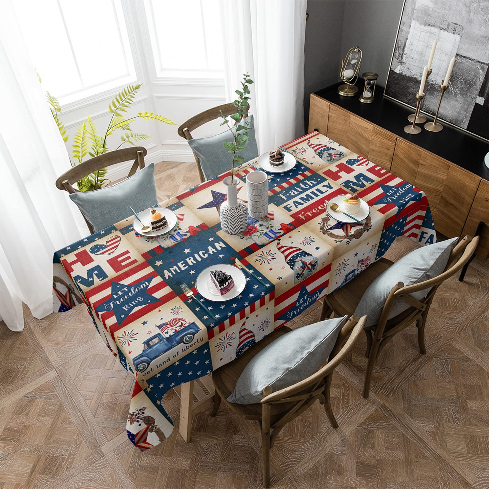 Independence Day Rectangle Dining Table Cloths  Vintage 4th of July Lattice Linen Tablecloth American Star Flag Checker Tables Cover for Kitchen Dinner Indoor Outdoor Holiday Party Decor 60x84in