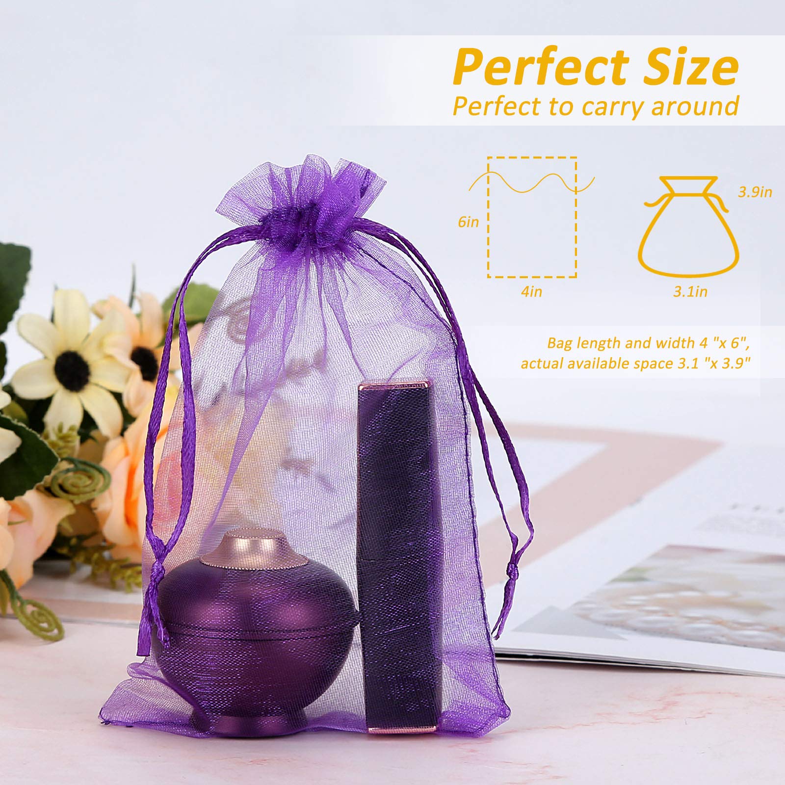 Angooni 4X6 Inches Purple Organza Bags For Jewelry Party Wedding Favor Party Festival Candy, 100 Pcs Premium Drawstring Organza