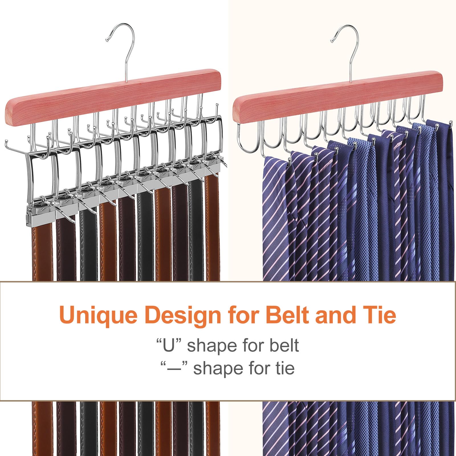 Topia Hanger Cedar 2 Pack 2 In 1 Belt Tie Hanger For Closet Max 60 Belts With 60 Ties Capacity, 20 Hooks Belt Tie Racks Hanger F