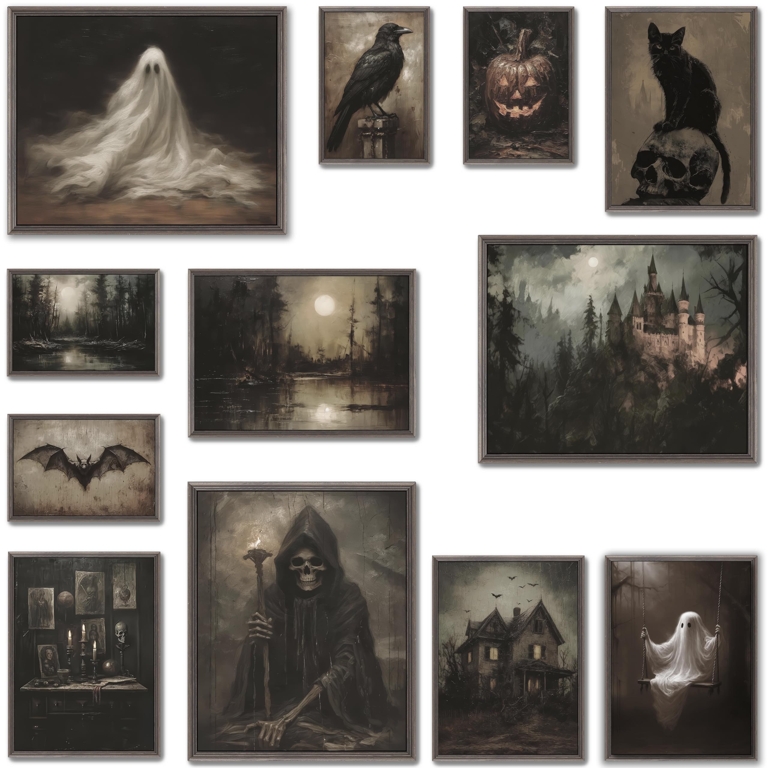 Lanchi95 12Pcs Halloween Dark Wall Art Prints Halloween Decor Retro Black Cat Pumpkin Poster Creepy Halloween Aesthetic Hallowee