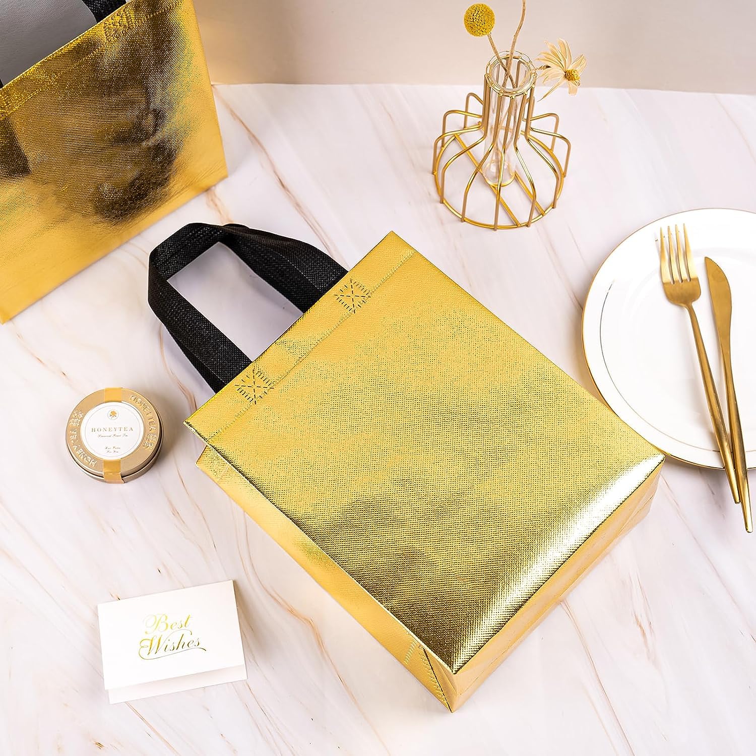 Drapme Small Size Pack Of 20 Pcs Glossy Metallic Laminated Non-Woven Reusable Eco-Friendly Party Return Gift Bags (Golden) (Smal