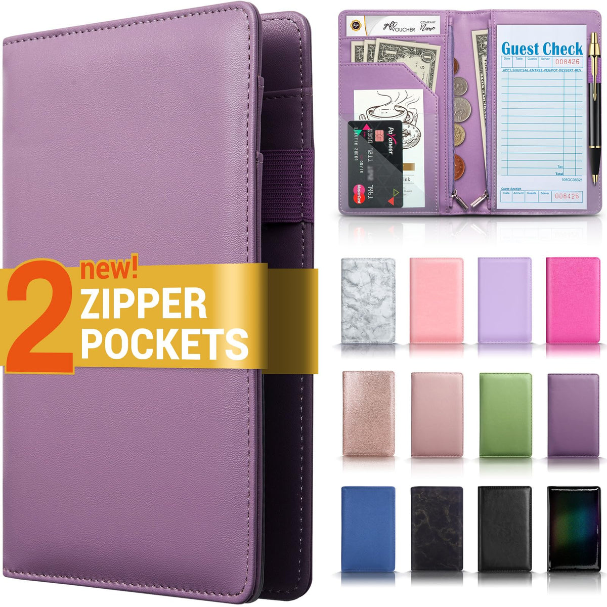 Server Book With 2 Zipper Pockets, Leather Server Books For Waitress, Waiter Book, Sturdy Waitress Book With Money Pocket And Zi