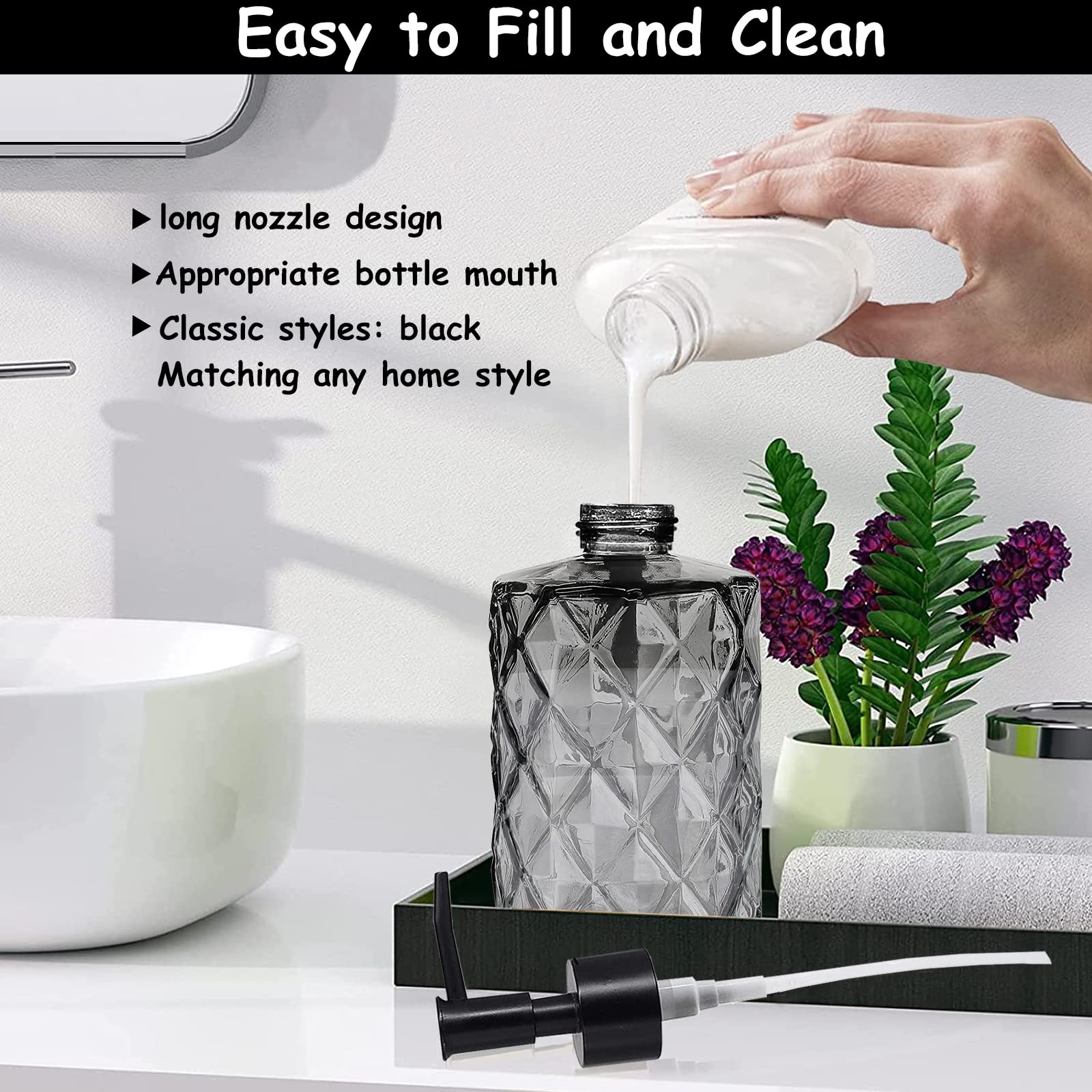 Glass Soap Dispenser With Black Plastic Pump, 12Oz Refillable Liquid Hand Soap Dispenser, 2 Pack Crystal Lotion Bottle For Moder