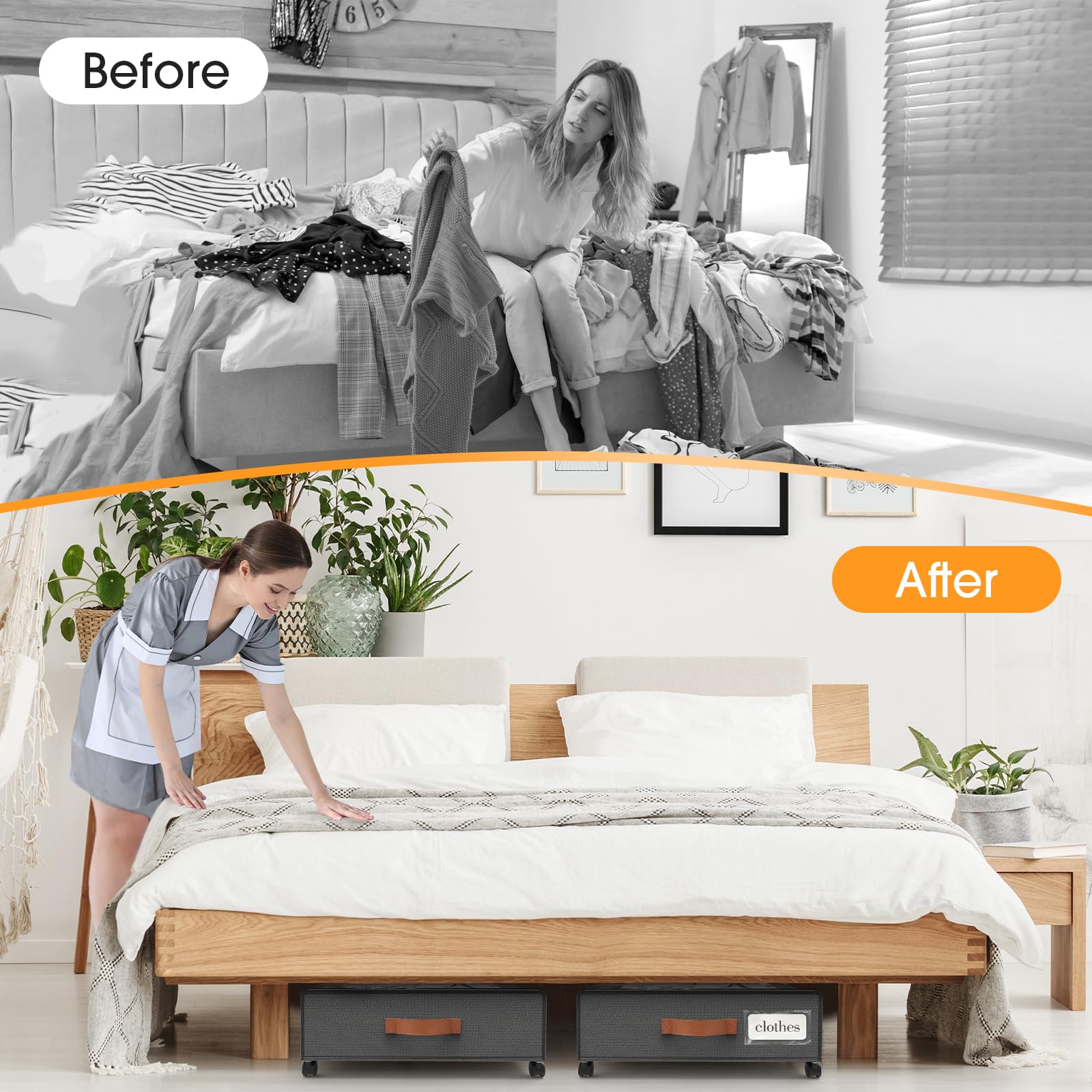 SpaceHacks Under Bed Storage with Wheels 2Pack Storage Containers with Clear Window&Label Under Bed Drawers Rolling Under Bed St