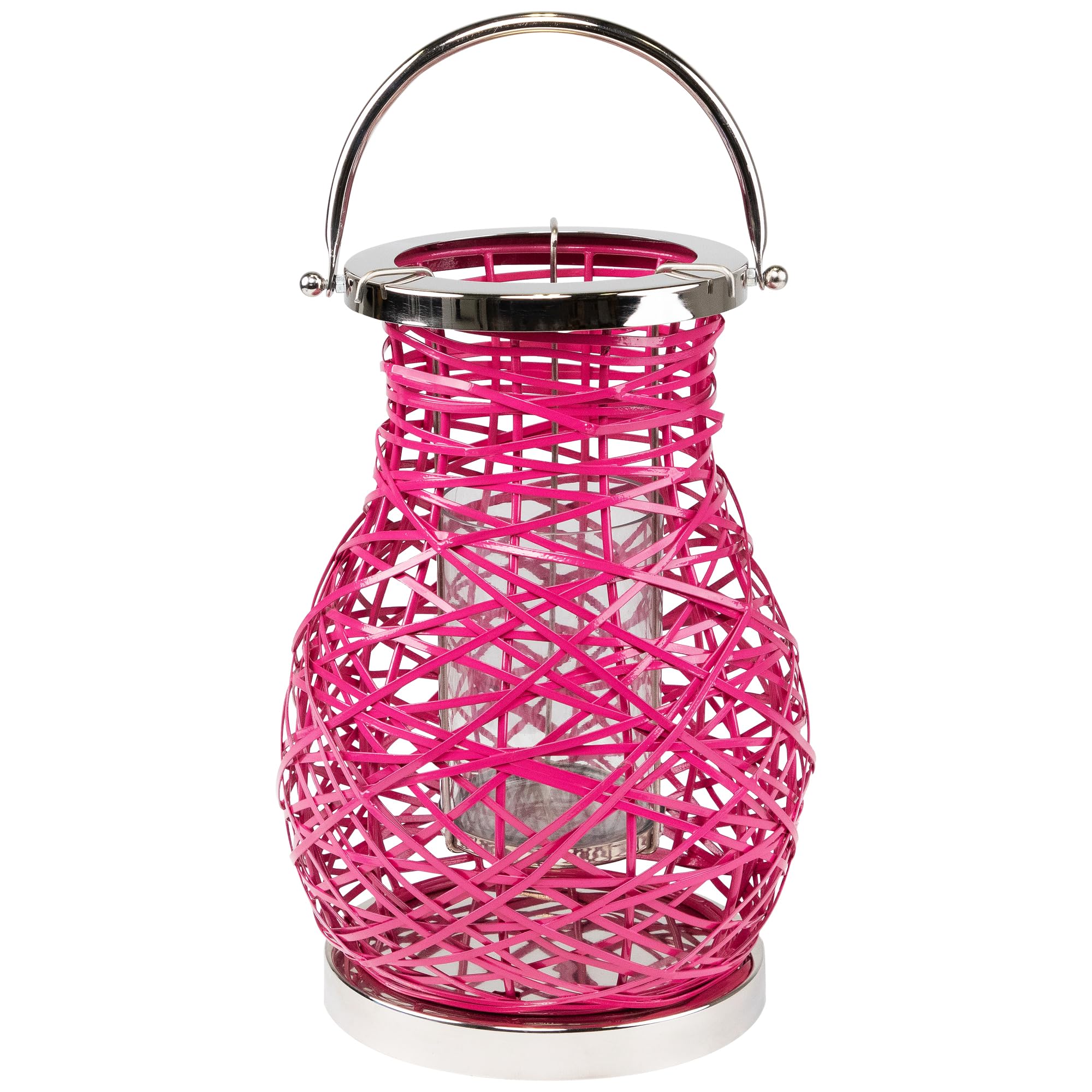 Northlight 13.5 Modern Fuchsia Pink Decorative Woven Iron Pillar Candle Lantern with Glass Hurricane