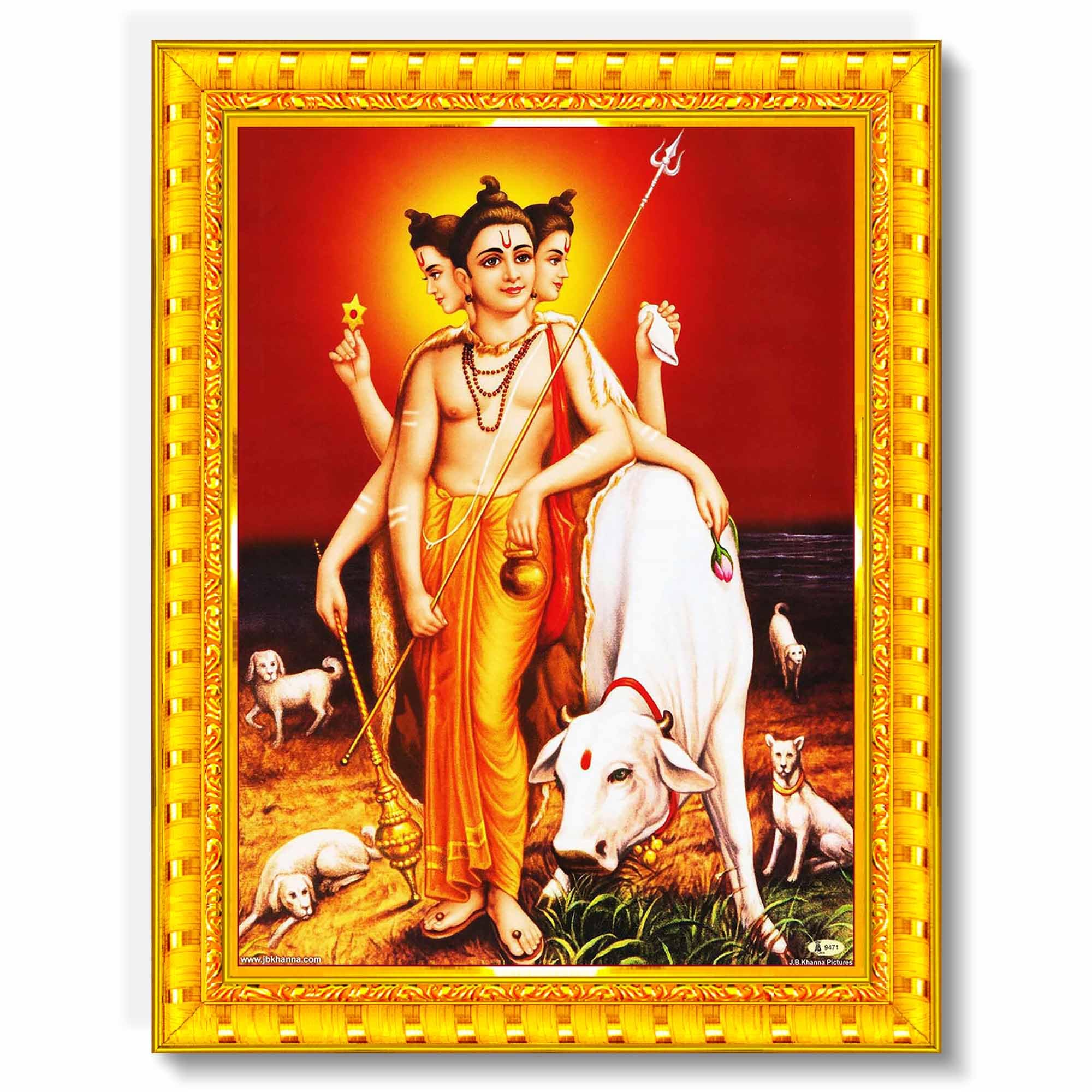 Pavan Photo Laminations Lord Dattatreya Swamy Gurudatta Dattaguru Wall Painting Framed Home Decor (Wood,Matte,Gold,Big Size,10 X