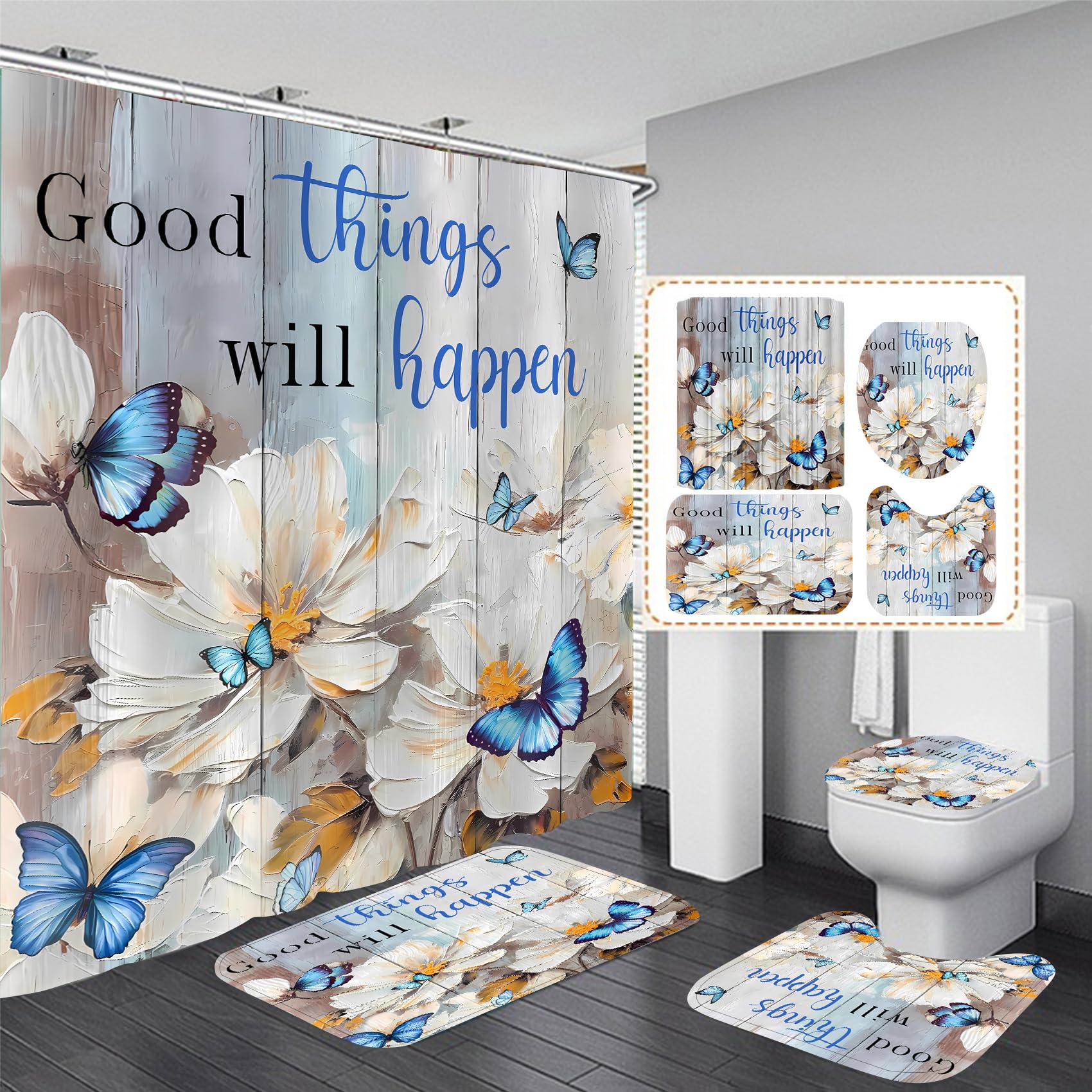 Pretyw 4 Pcs Romantic Blue Butterfly Shower Curtain Set White Flowers Bathroom Sets Modern Home Bathroom Decor With Rugs And Toi