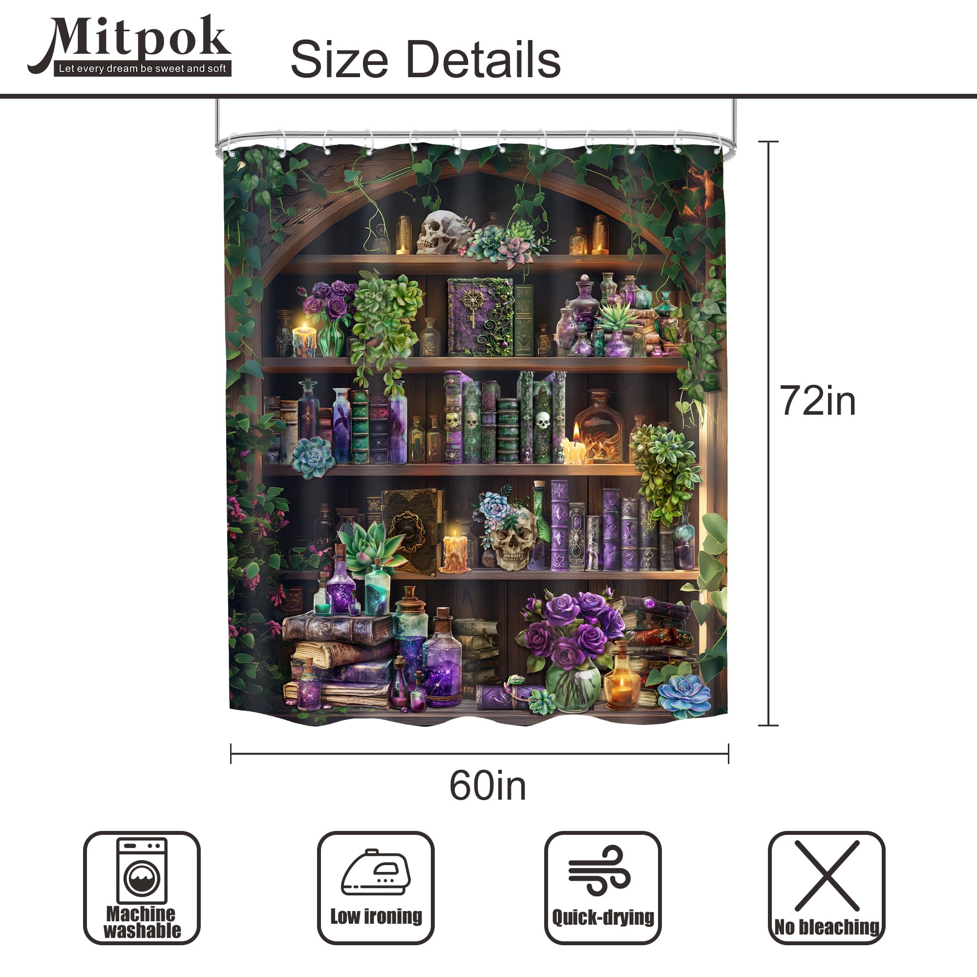 Mitpok Gothic Skull Shower Curtain 60Wx72H Vintage Withcy Spooky Retro Wizard Magic Bookshelf Succulent Black Unique Cool Bathro