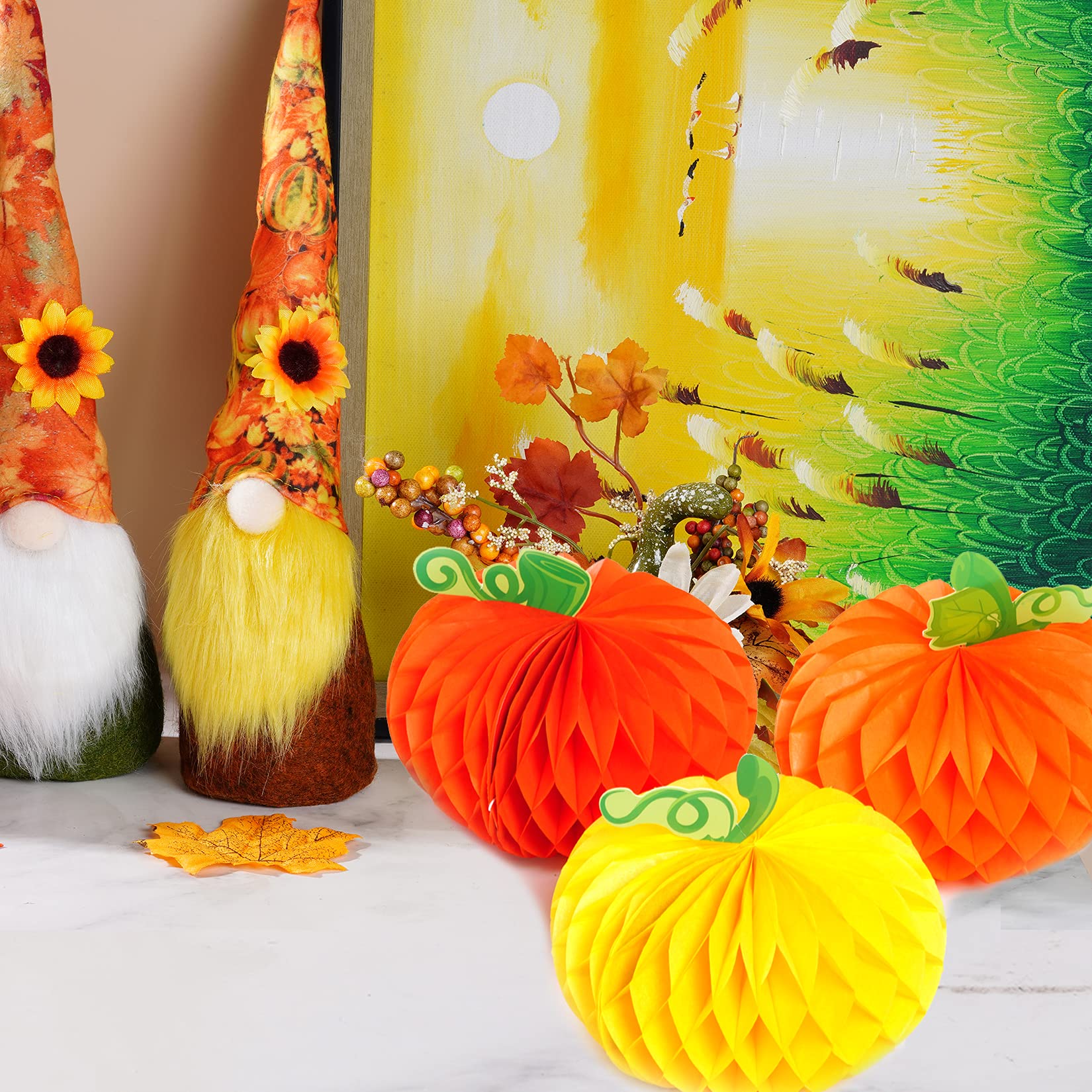 Sucrain 12 Pieces Tissue Paper Pumpkin 3D Honeycomb Pumpkins For Halloween Thanksgiving Party Favor Fall Festival Supplies (Oran