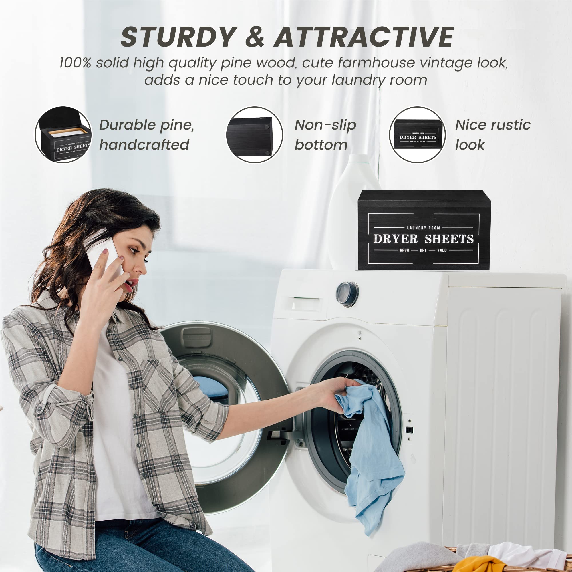 Cute Dryer Sheet Holder With Lid - Rustic Farmhouse Dispenser Laundry Room Decor Accessories, Container Fabric Softener For Orga