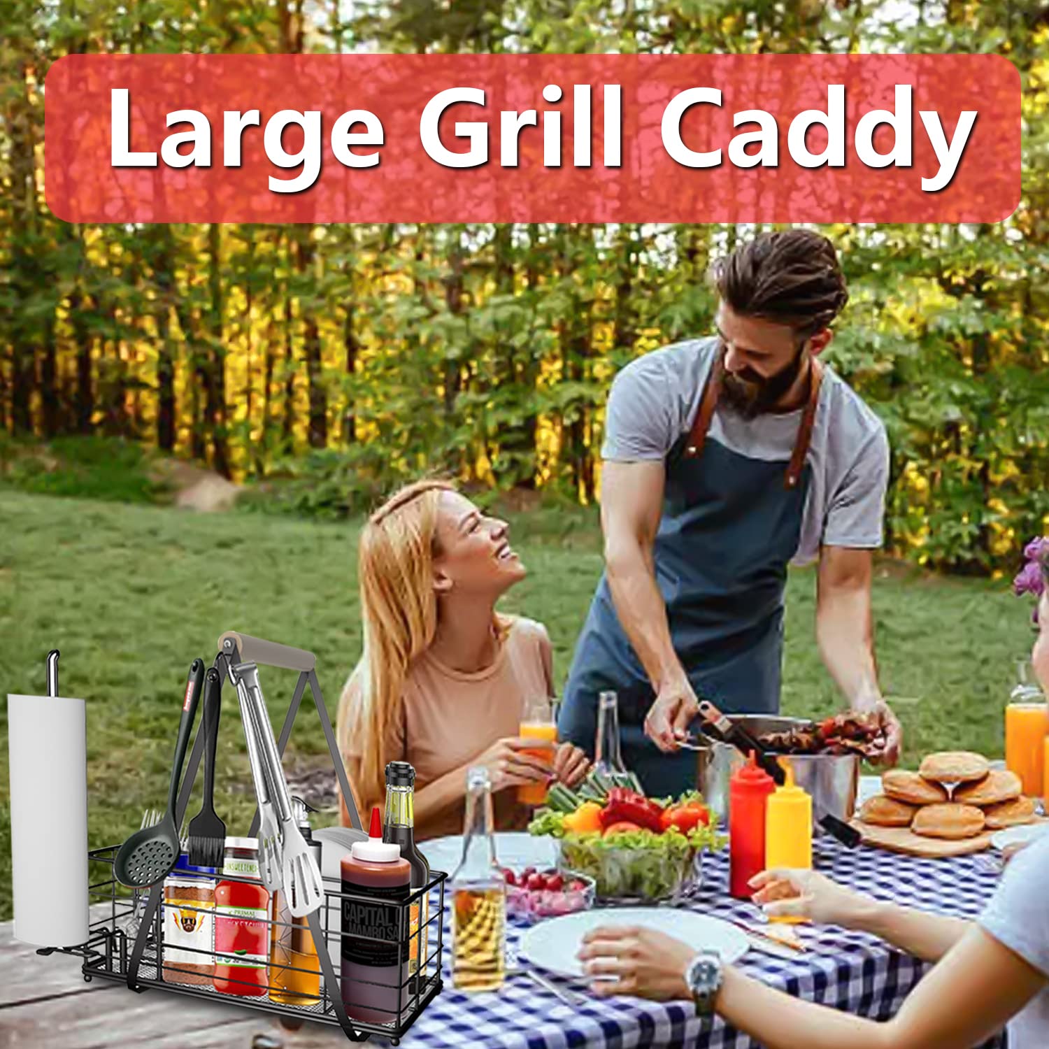 Lelocle Picnic Caddy And Grill Utensil Caddy,Condiment Caddy, Grill-Caddy,Adjustable Compartment Storage,With 3 Hooks,Sturdy Thi