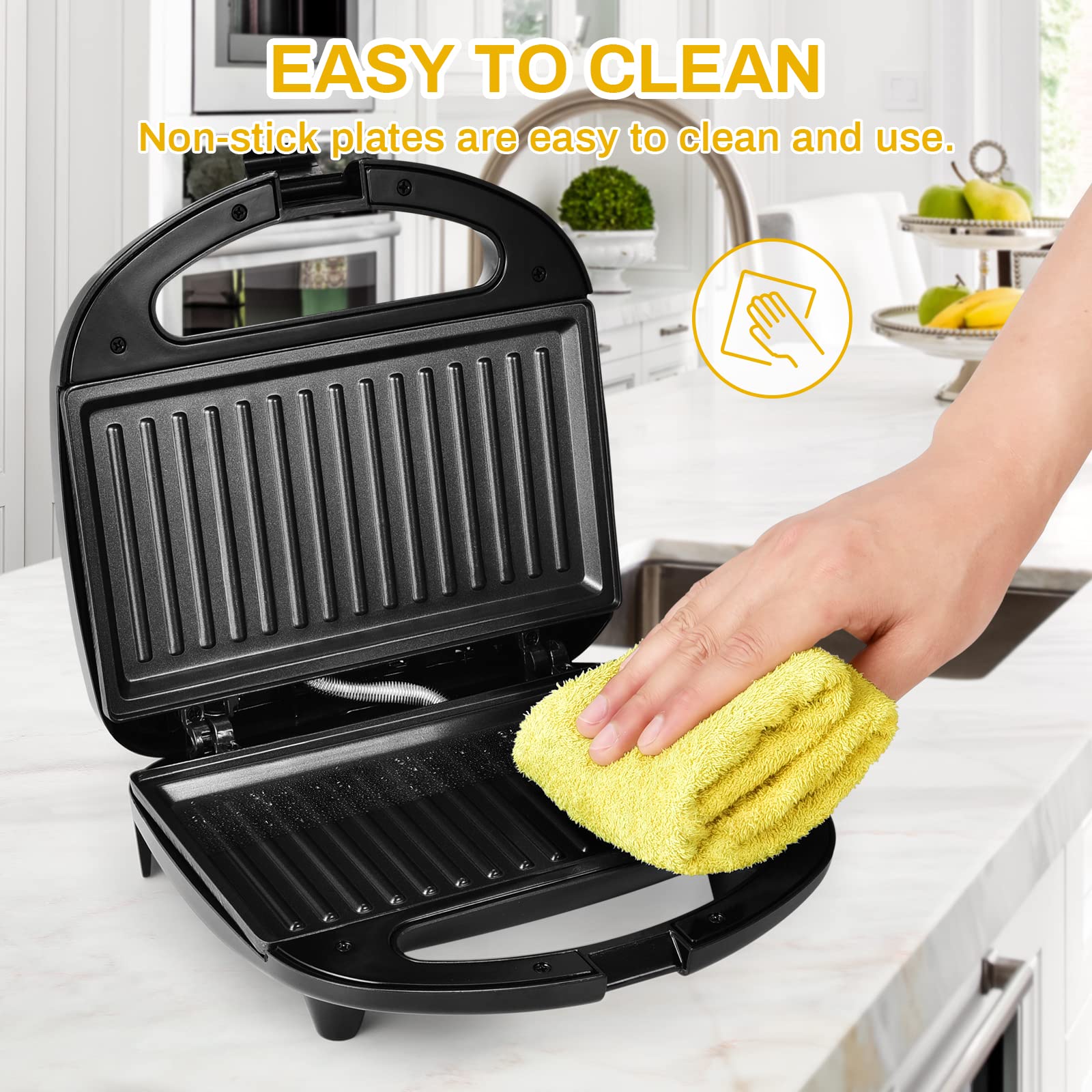 Monxook Electric Panini Press, 750W Sandwich Press, Non-Stick Coated Plates 8.46Inx4.92In, Panini Press Sandwich Maker With Indi