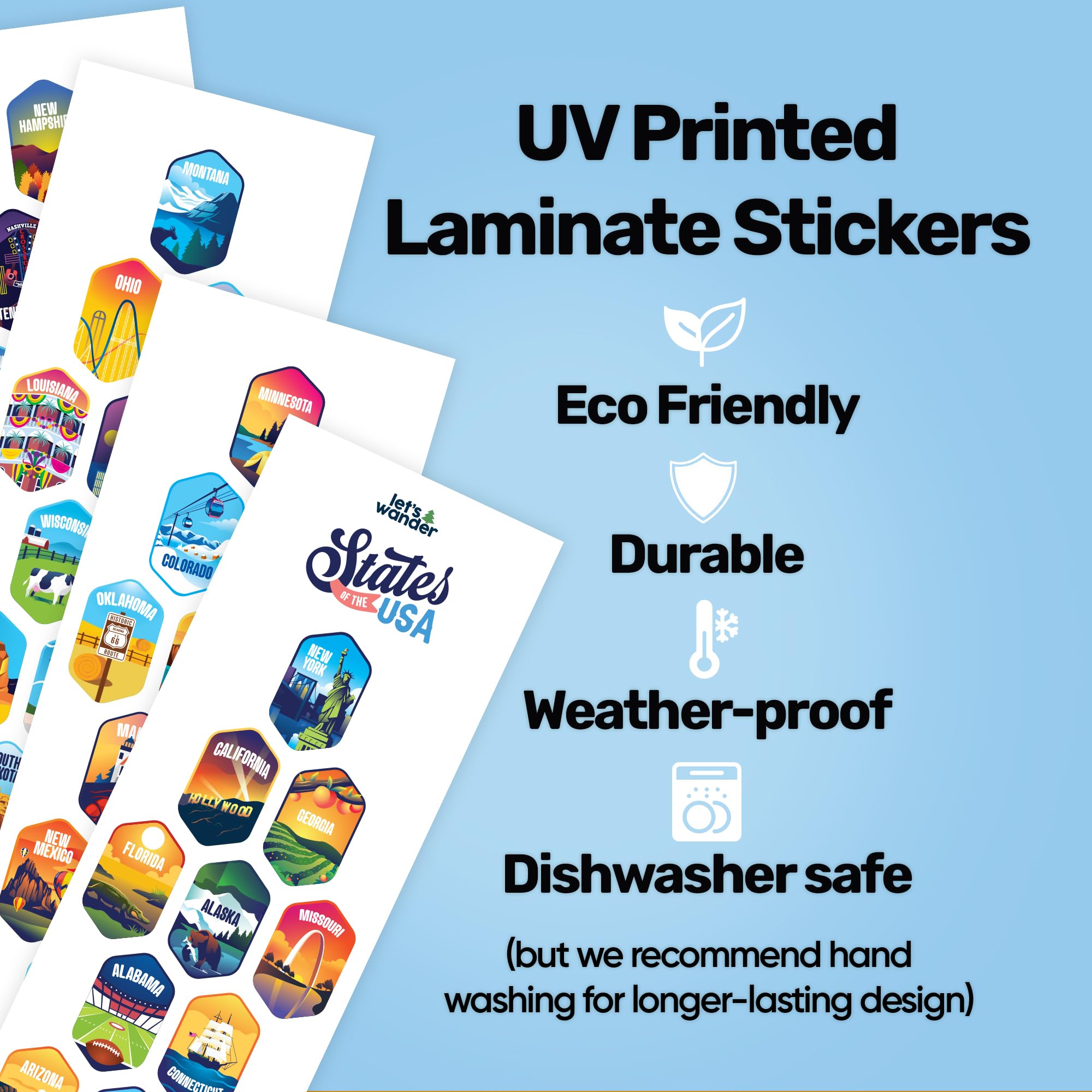 LET S WANDER 50 States Water Bottle with 3 Lids and 50 Waterproof Stickers - 32oz Leakproof Insulated Stainless Steel with Stra