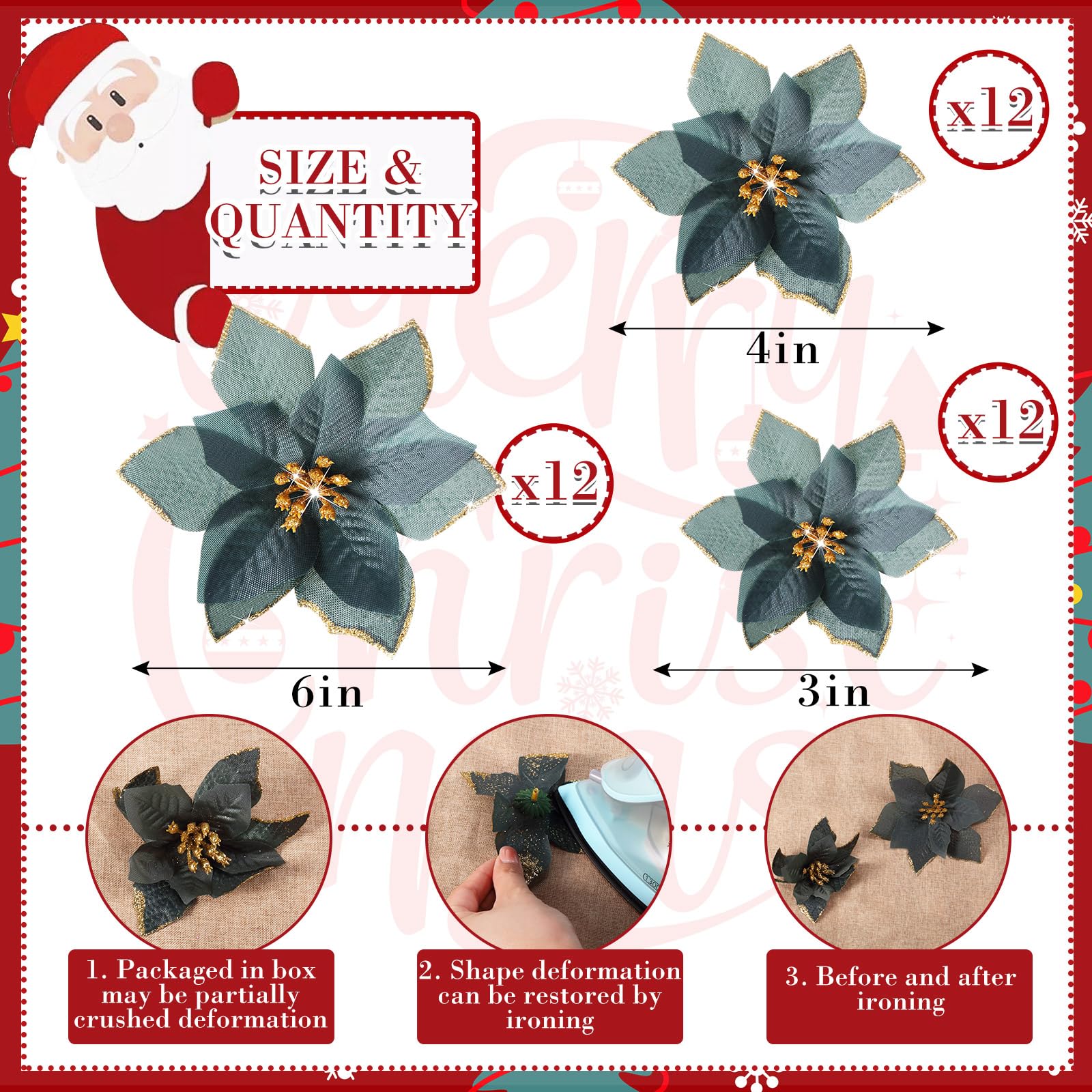 36 Pcs 3 Size Christmas Poinsettia Christmas Tree Flowers Glitter Faux Flowers Decoration Artificial Poinsettia Ornaments For Ch