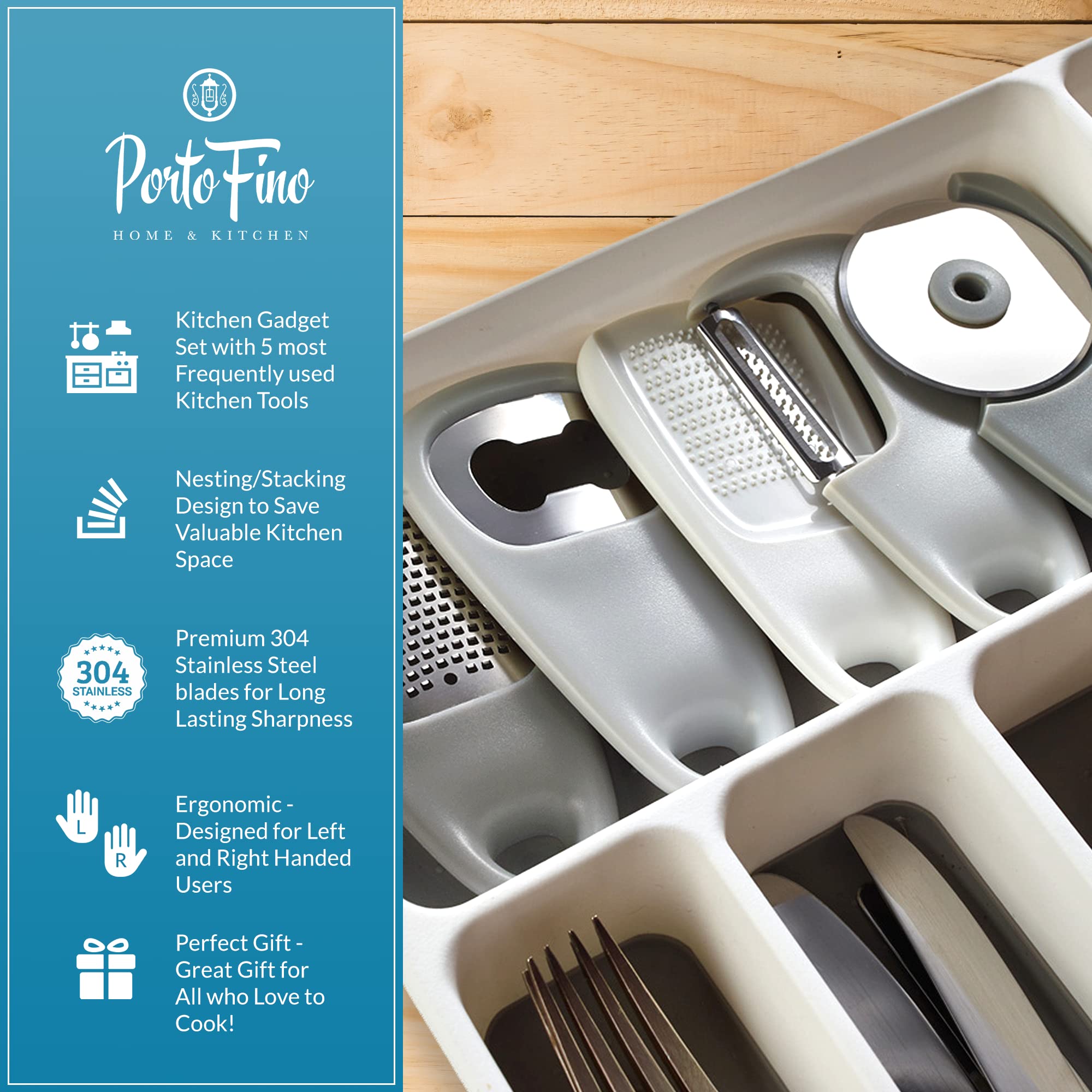 PortoFino Kitchen Gadgets Set - 5 Stainless Steel RV Accessories, Grey & White, Dishwasher Safe, Ideal Camper Gifts