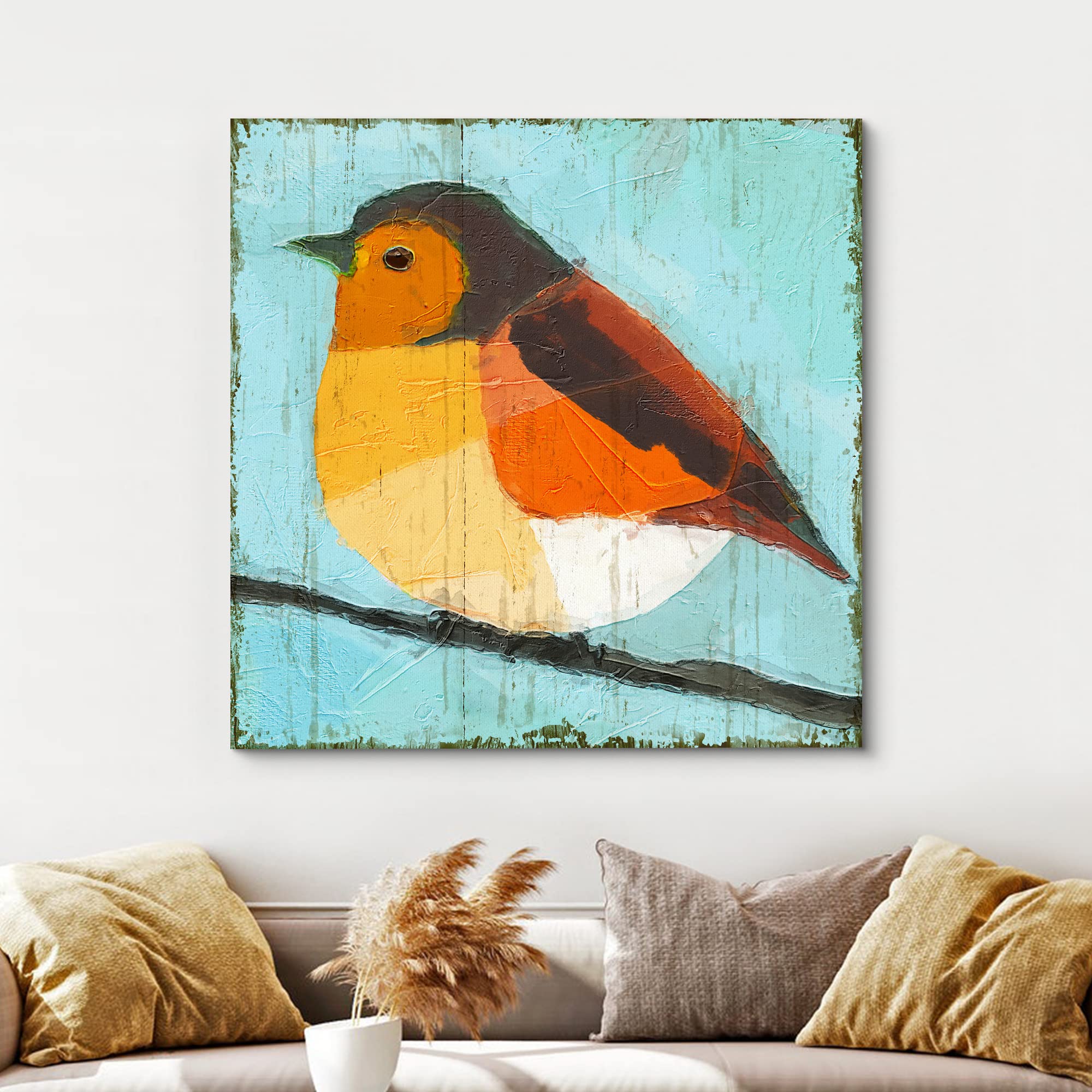 Wall26 Canvas Print Wall Art Textured Geometric Orange & Yellow Robin Animals Birds Illustrations Modern Art Rustic Scenic Color