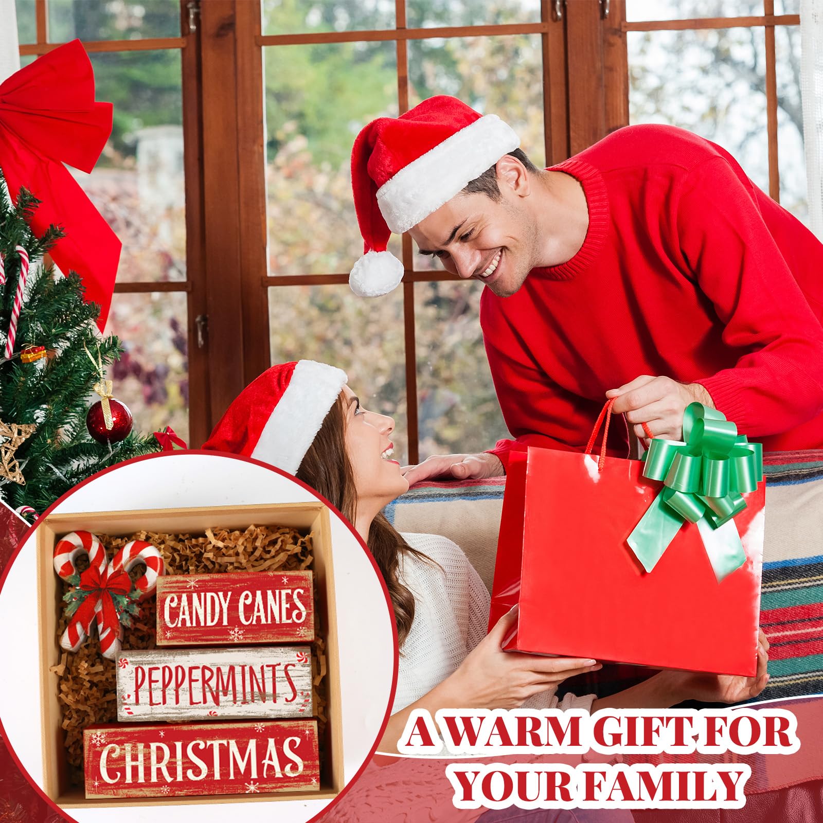 Moucuny 4 Pcs Christmas Candy Cane Table Decor Christmas Wooden Decorative Signage Red and White Stripes Candy Cane Xmas Tiered