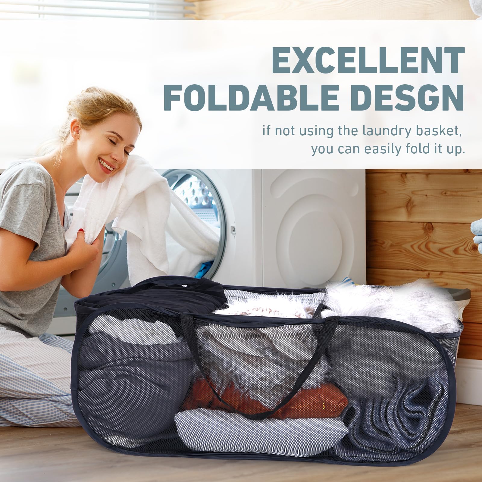 2 Pieces Pop Up Laundry Hamper, 3 Compartment Collapsible Mesh Popup Laundry Basket, Collapsible Mesh Laundry Baskets For Family