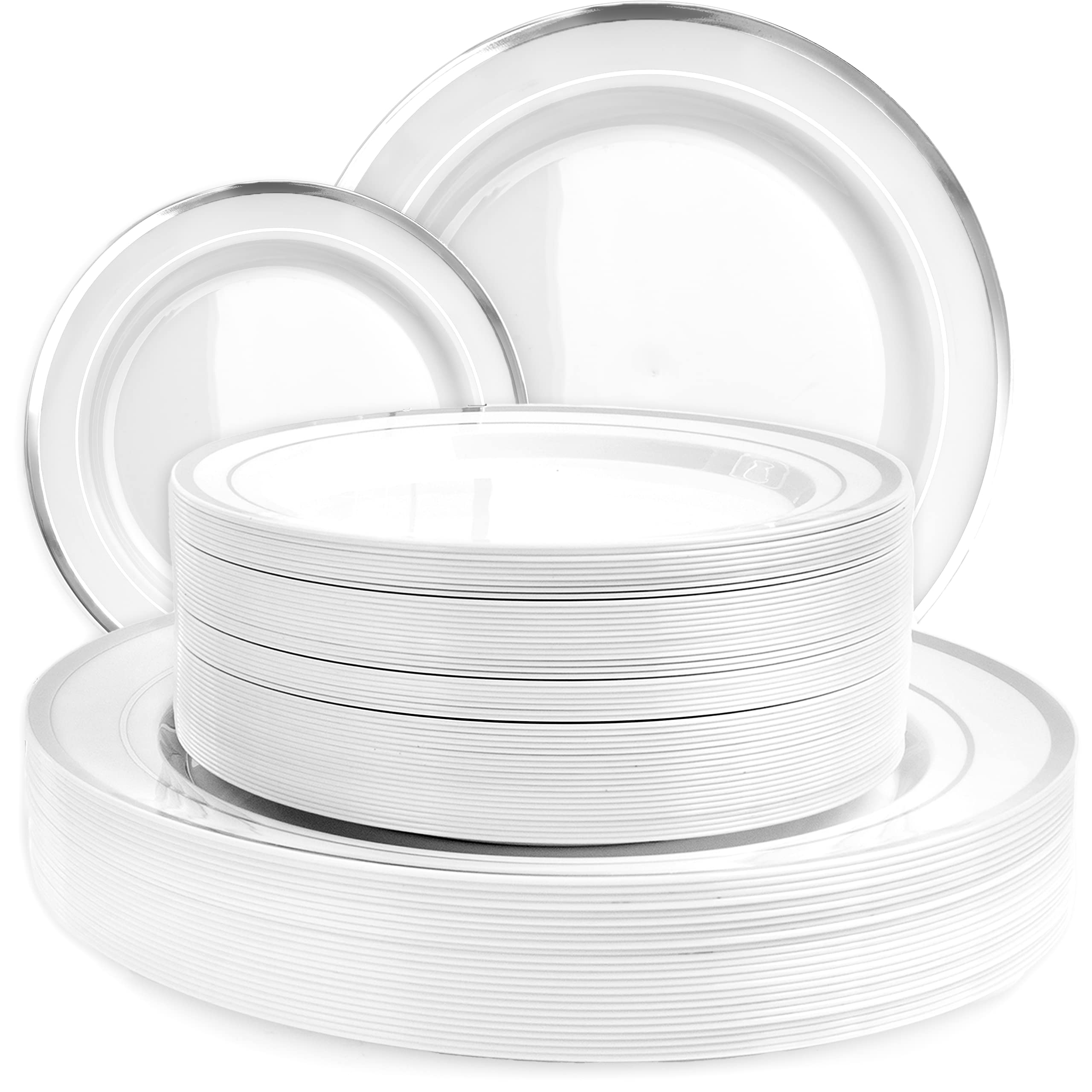 Aya'S Cutlery Kingdom 100 Plastic White Plates Disposable With Silver Trim, 50 Plastic Dinner Plates 10.25'' + 50 Salad, Dessert