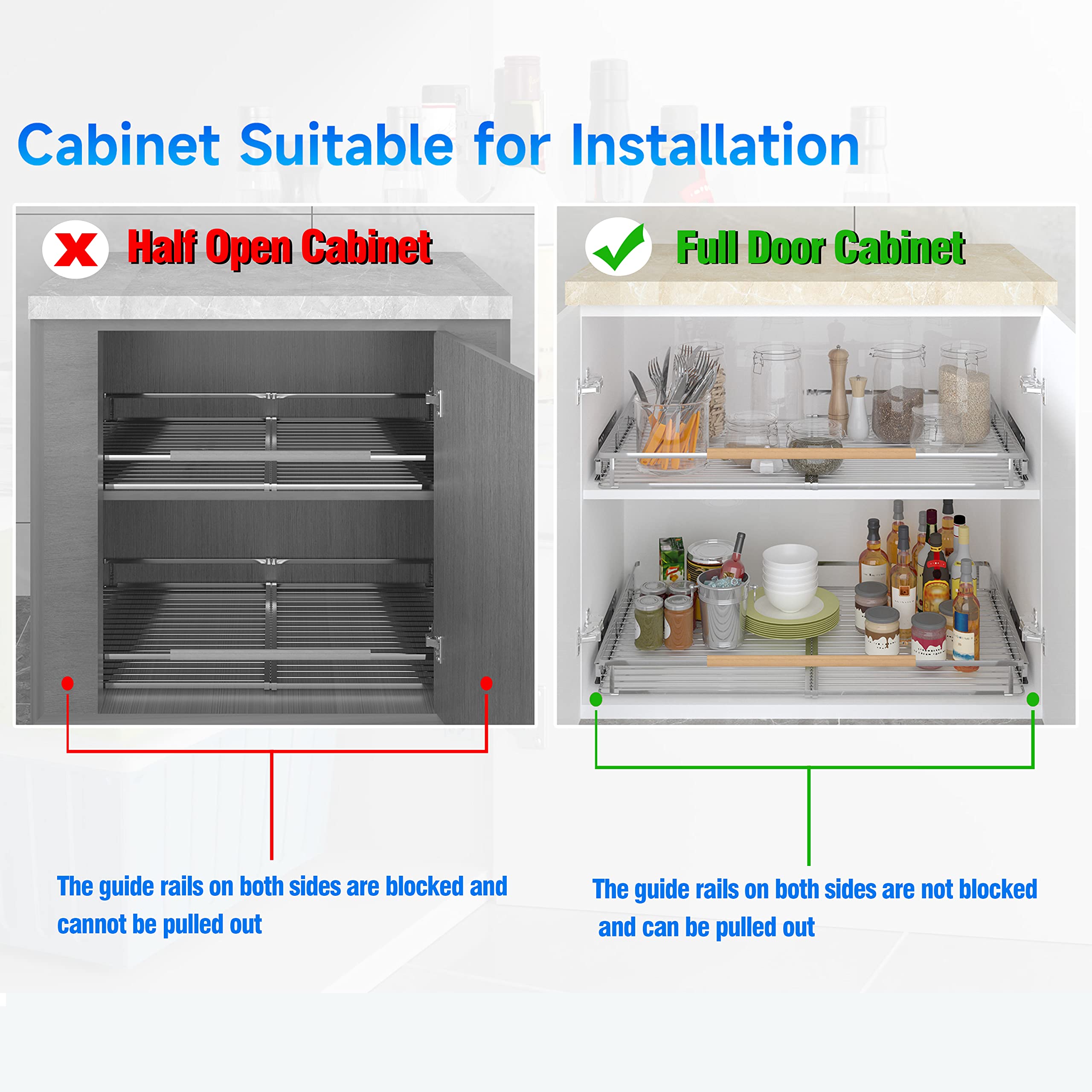 Expandable Pull Out Cabinet Organizer,17.1~28''W X 22.5''D Heavy Duty Slide Out Shelves Adjustable Hight Cabinet Pull Out Shelve