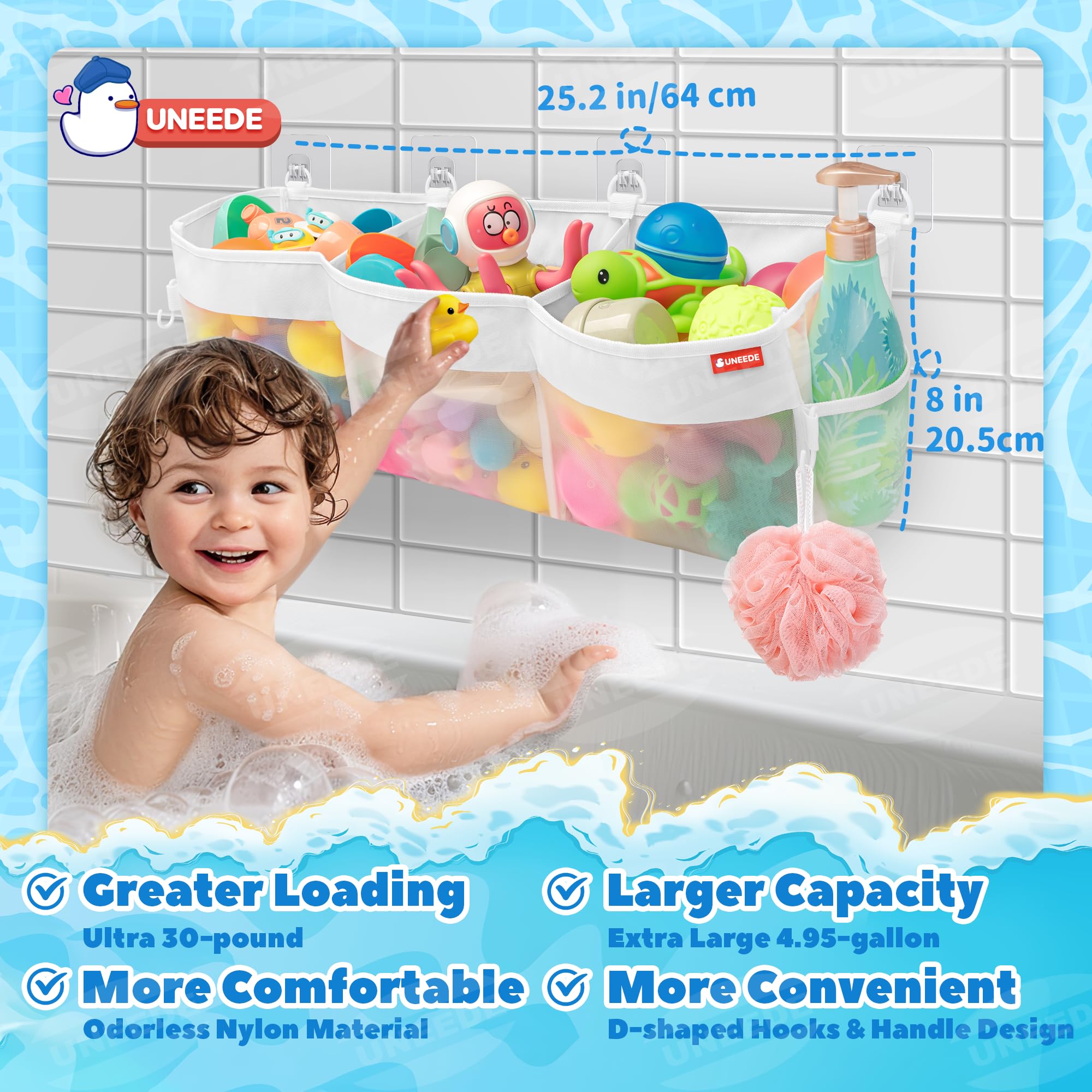 Uneede 3 Compartment Horizontal Bath Toy Storage,4.95 Gallons Bathtub Toy Storage Organizer,Bath Toy Holder For Bathtub,Baby Org