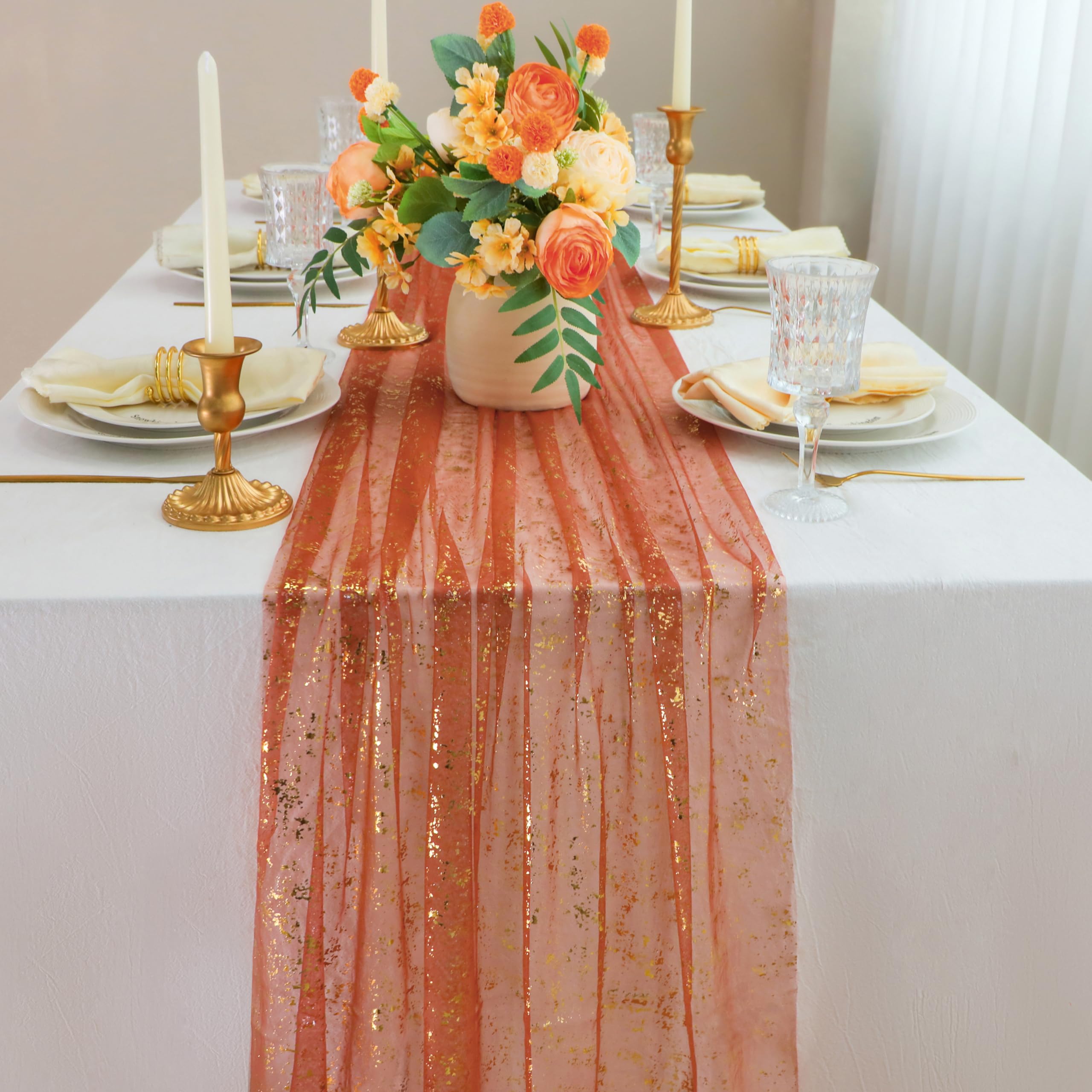 Snowkingdom 10 FT Fall Thanksgiving Table Runner Terracotta Gold Table Runner Burnt Orange Rust Sheer Chiffon Gauze Cheesecloth