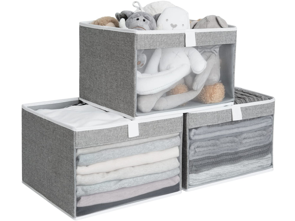 Storageworks Closet Storage Bins With Clear Window And 2 Handles, Foldable Clothing Bins For Shelves, Large Fabric Organizer, Gr