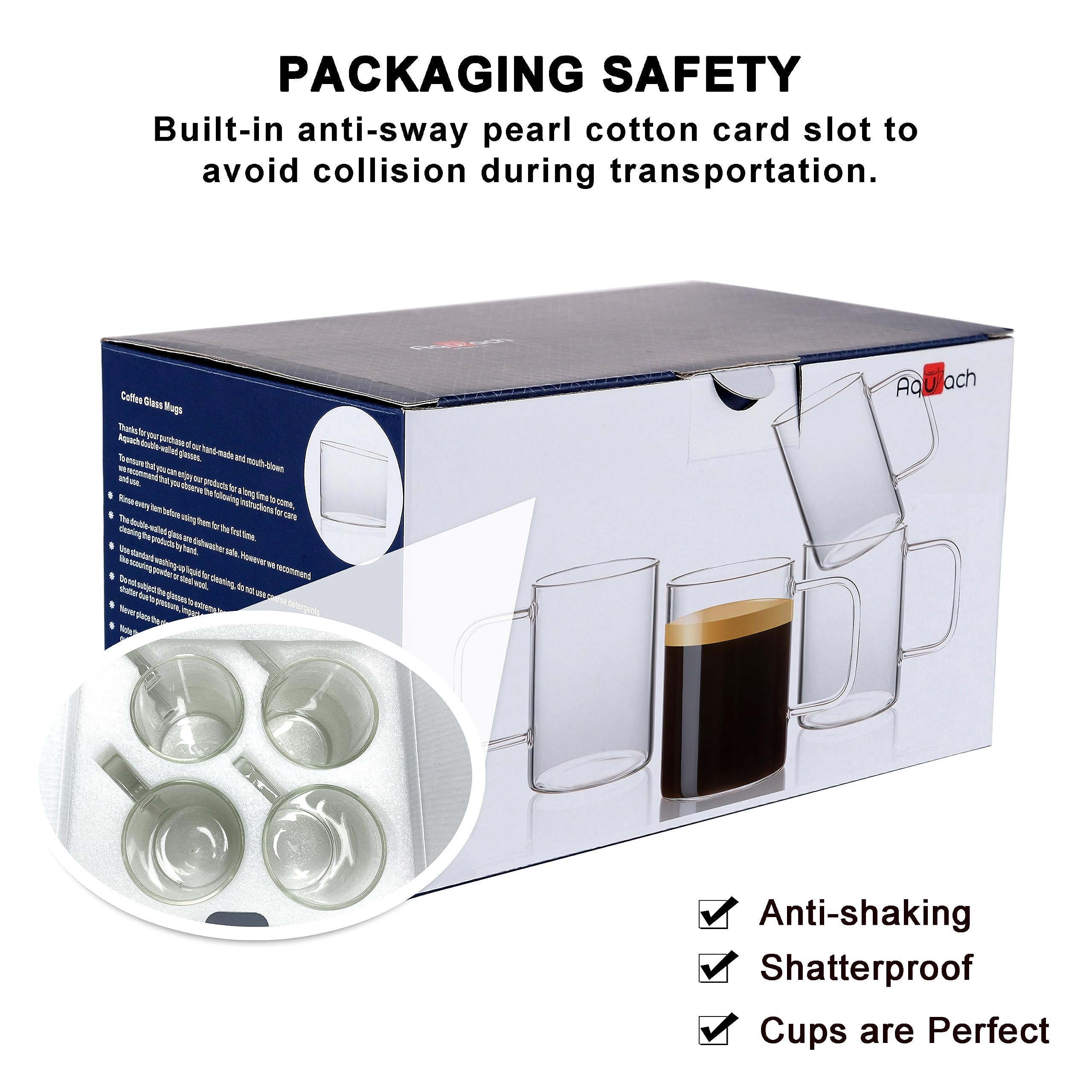 Aquach 4Pcs 18 Oz Clear Glass Coffee Mugs With Handle - Large Cups For Coffee, Tea, Latte, Cappuccino