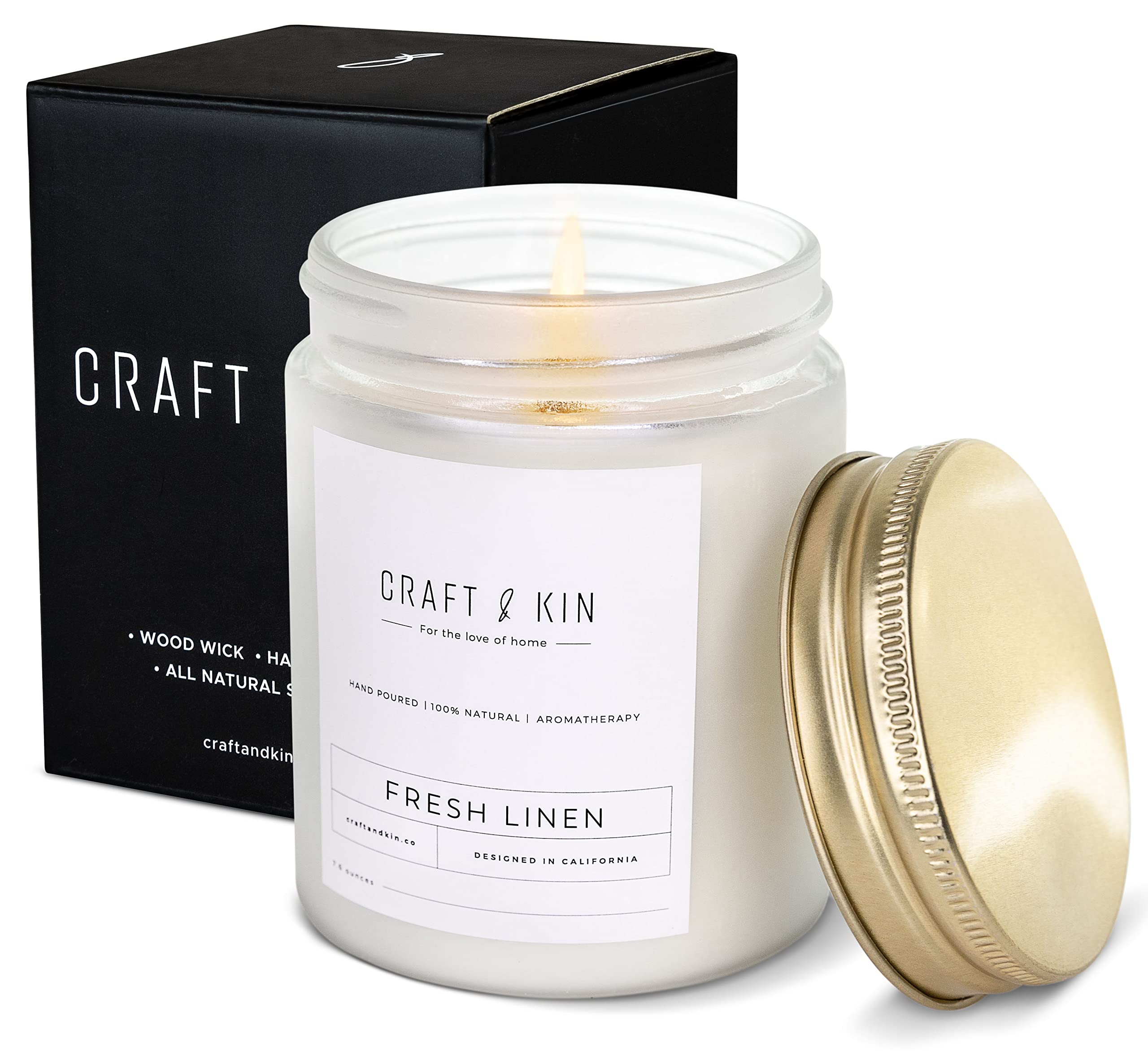 Craft & Kin Fresh Linen Scented Candle | 8 Oz 45 Hour Long Lasting | Classic Soy Candles Wood Wick | Made with Natural Soy | Gif