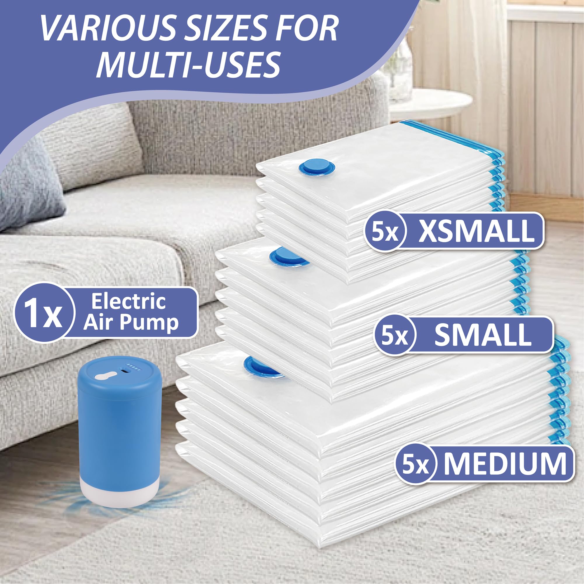 Cozy Essential 15 Pack Travel Vacuum Storage Bags with Portable Electric Pump, Suitase Vacuum Seal Space Saver Bags for Clothing