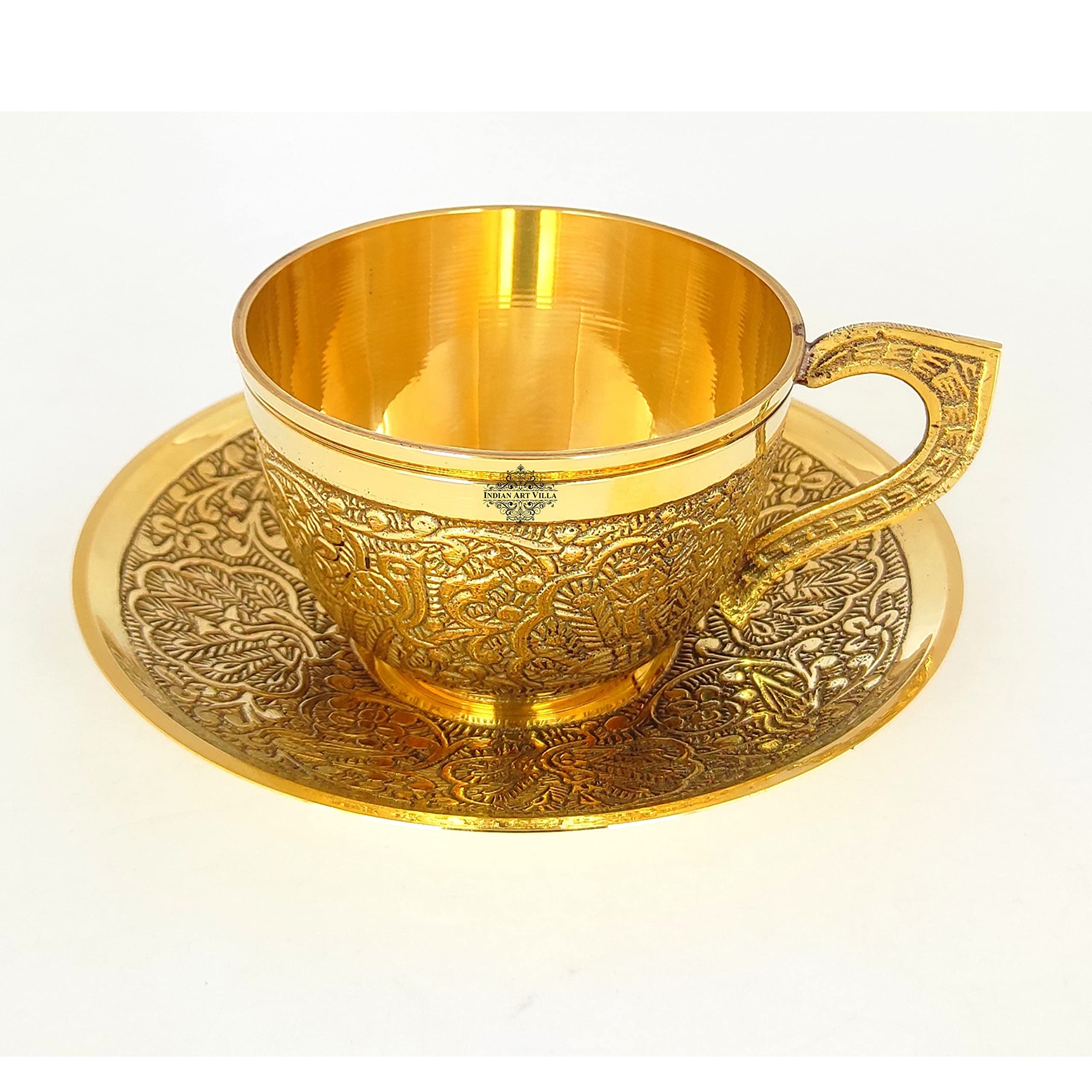 Indian Art Villa Pure Brass Embossed Design Cup & Saucer, Serving Tea Coffee, Tableware, Volume 150 Ml