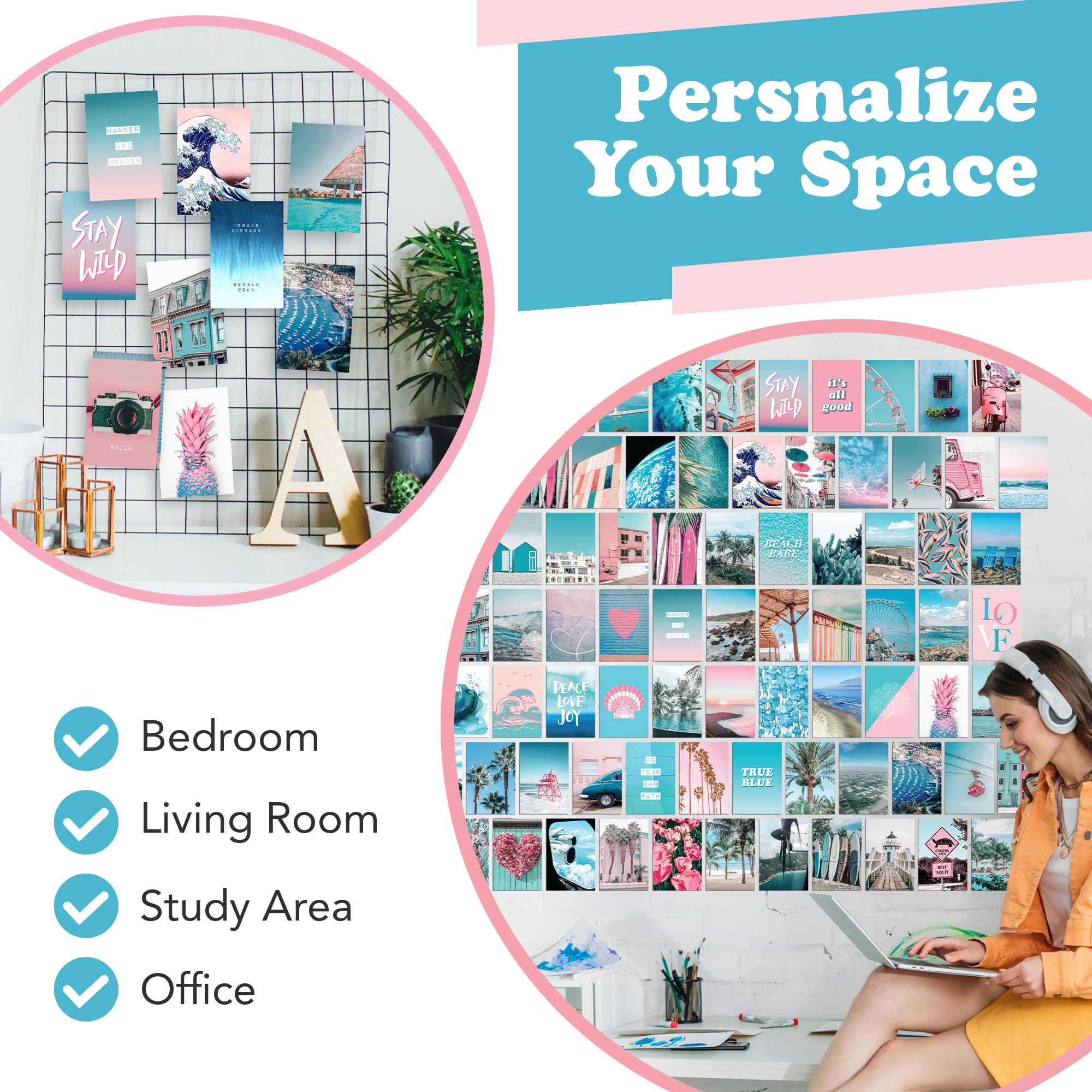 Blue Aesthetic Wall Collage Kit, 100 Set 4X6 Inch, Pink Vsco Room Decor For Teen Girls, Summer Beach Wall Art Print, Dorm Photo