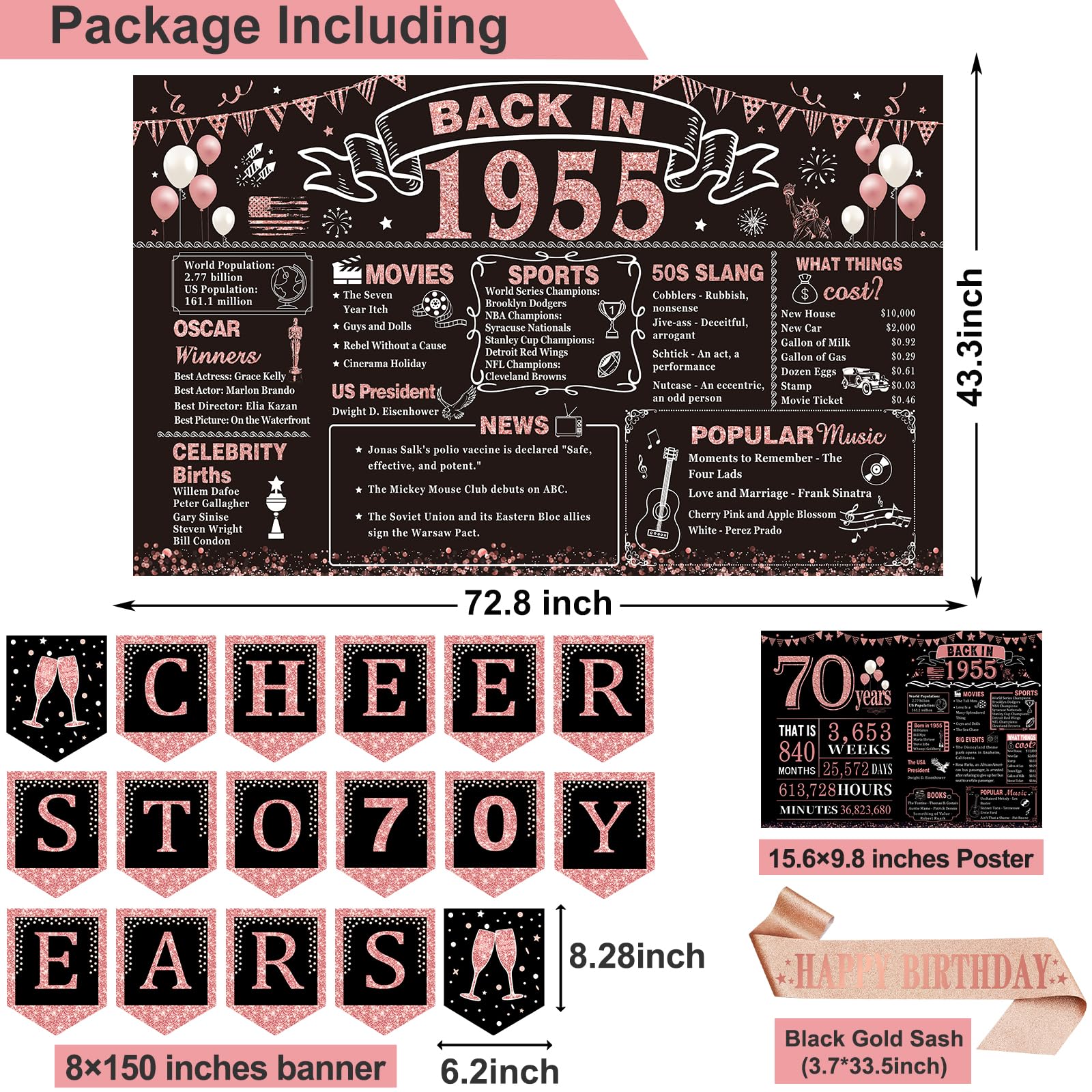 70Th Birthday Decorations For Women,24Pcs 1955 Banner Decorations,Including Banner,6 Honeycomb Topper,70 Balloons,Anniversary Ca